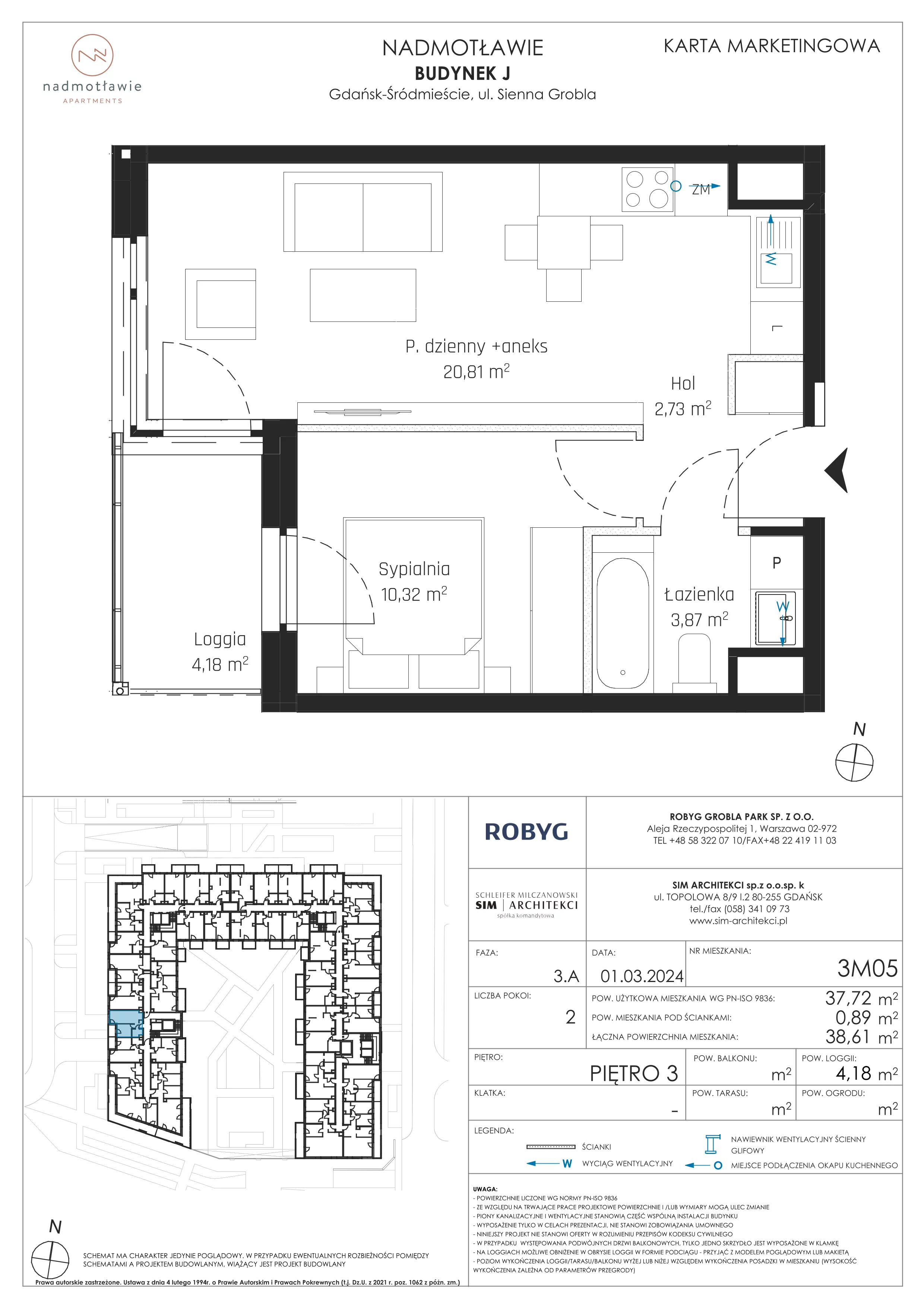 2 pokoje, mieszkanie 37,72 m², piętro 3, oferta nr J.3M05, Nadmotławie Apartments, Gdańsk, Śródmieście, ul. Sienna Grobla