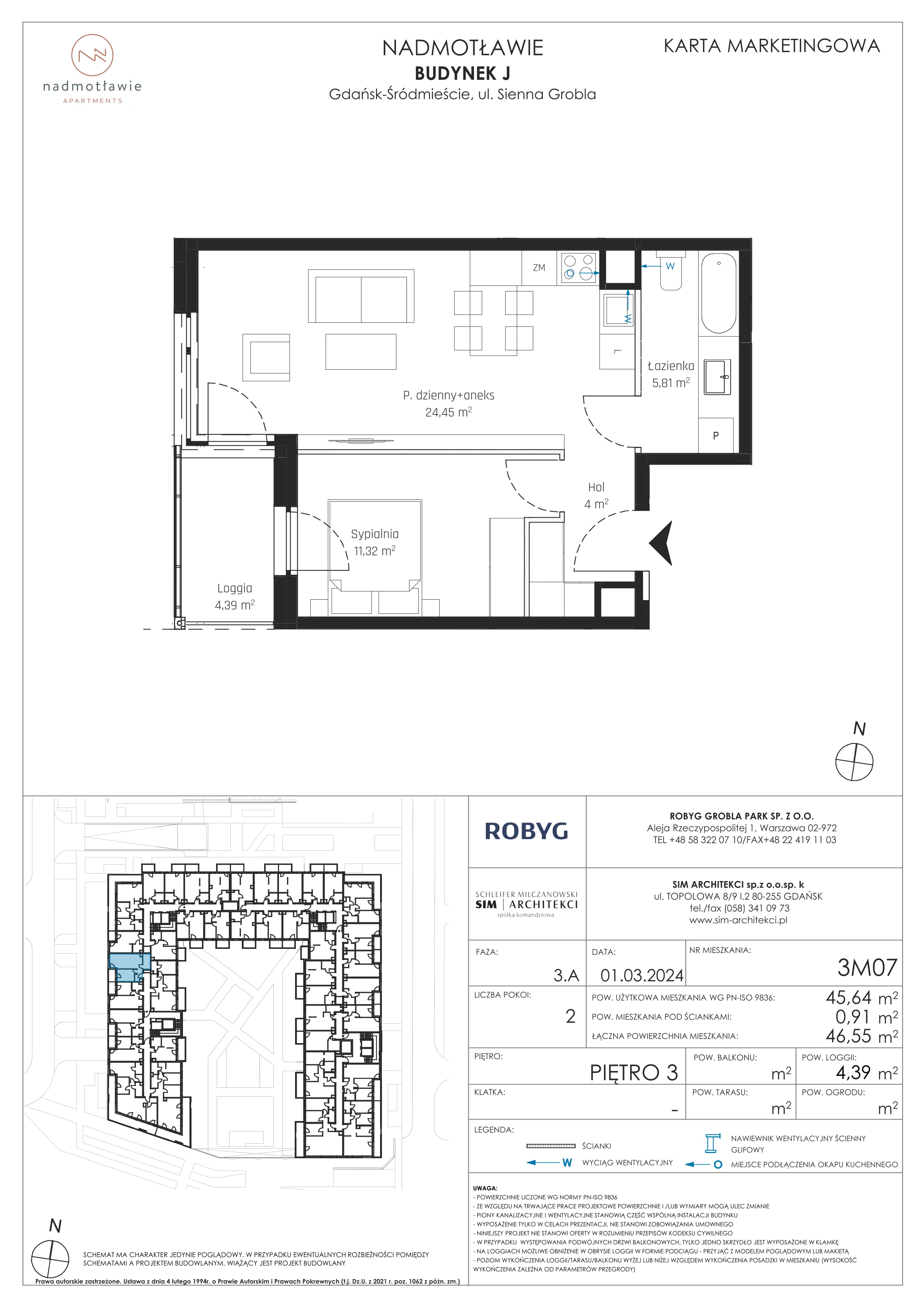 2 pokoje, mieszkanie 45,64 m², piętro 3, oferta nr J.3M07, Nadmotławie Apartments, Gdańsk, Śródmieście, ul. Sienna Grobla