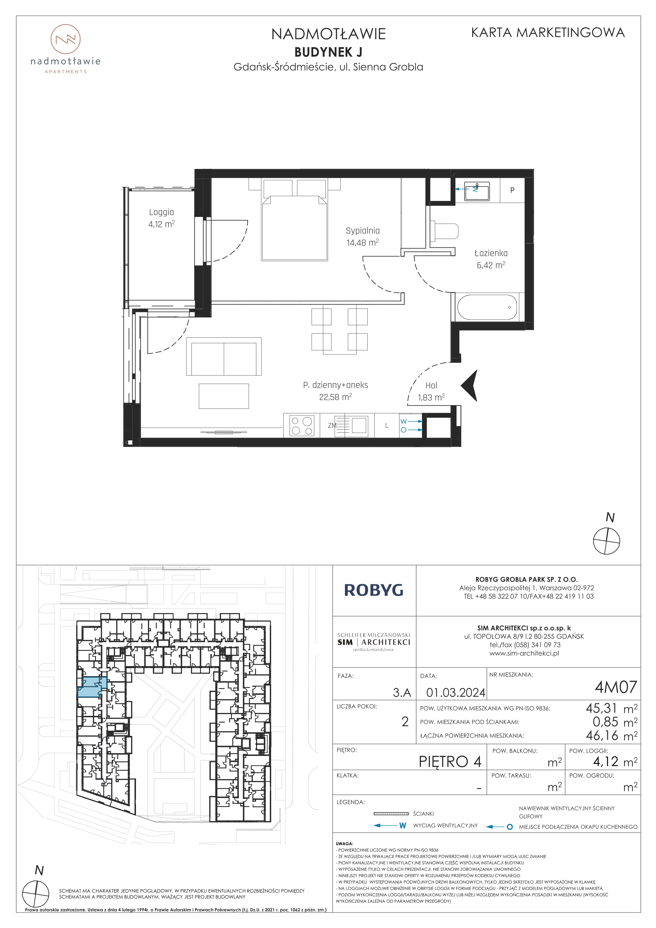 2 pokoje, mieszkanie 45,31 m², piętro 4, oferta nr J.4M07, Nadmotławie Apartments, Gdańsk, Śródmieście, ul. Sienna Grobla