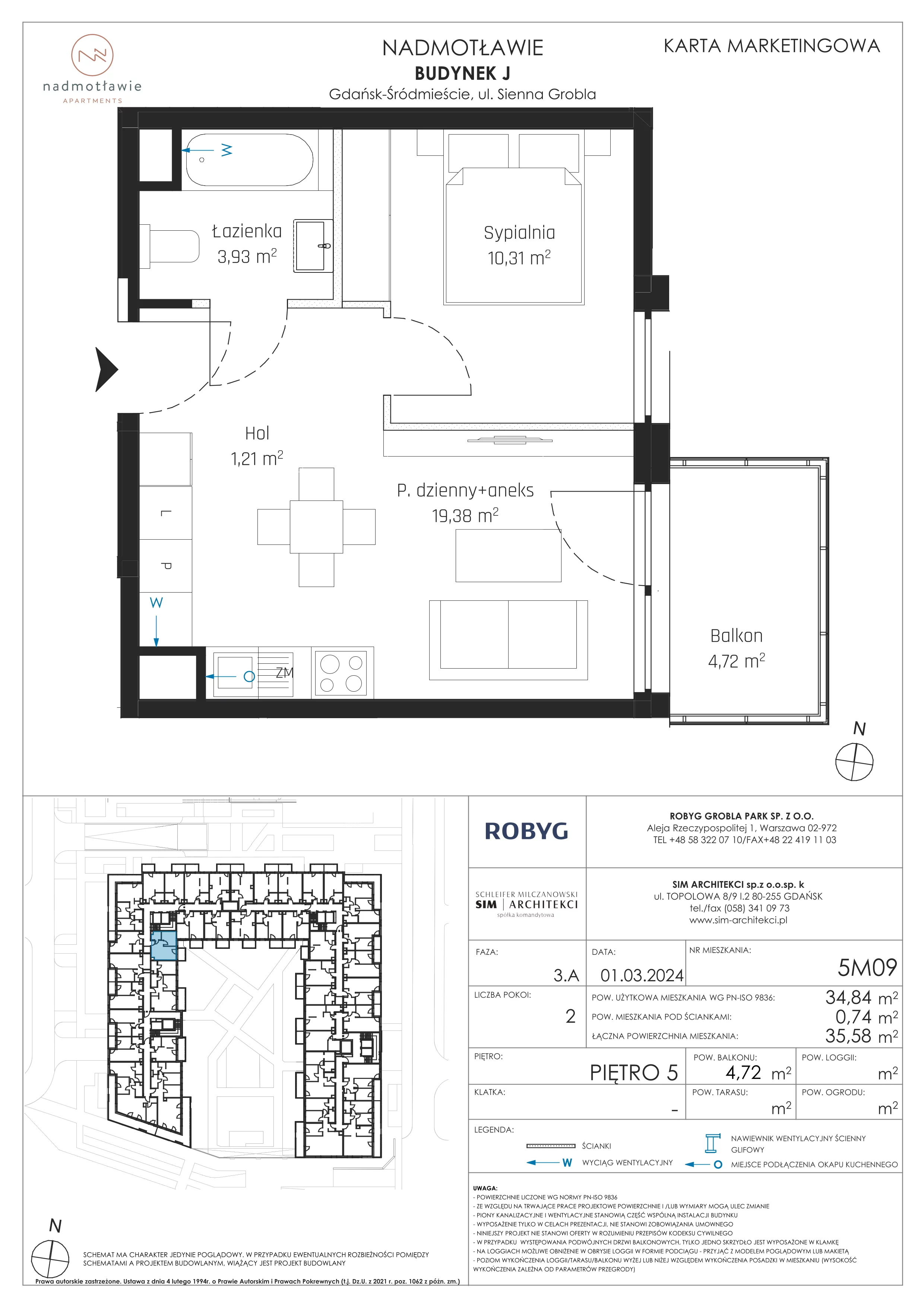 2 pokoje, mieszkanie 34,84 m², piętro 5, oferta nr J.5M09, Nadmotławie Apartments, Gdańsk, Śródmieście, ul. Sienna Grobla