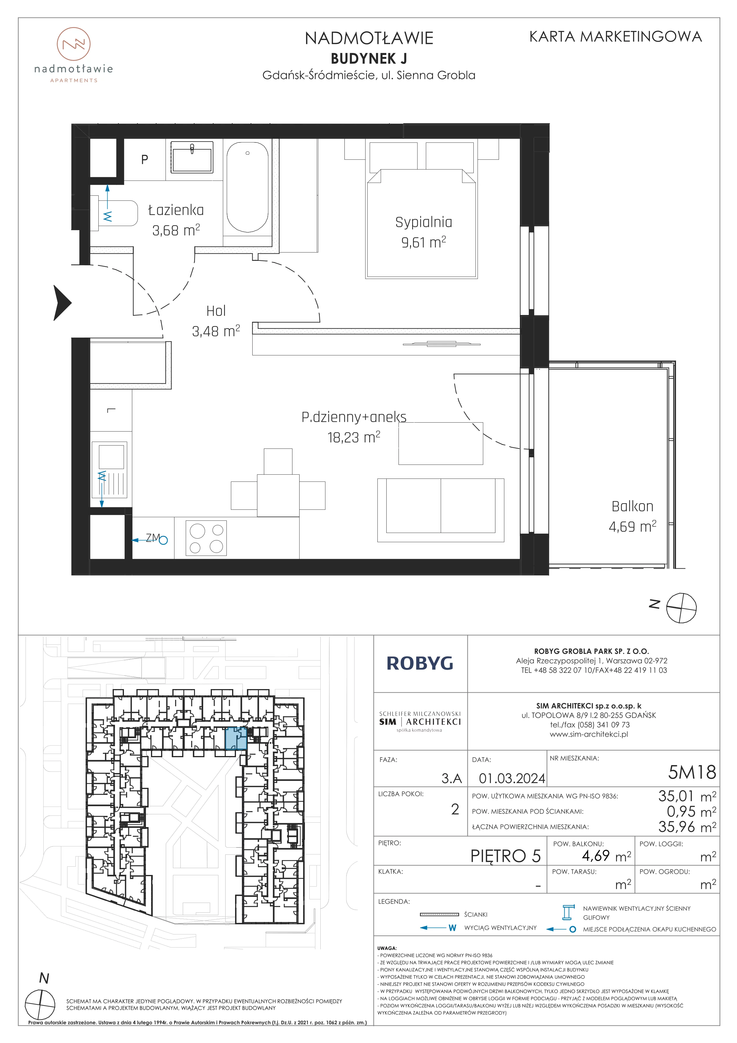 2 pokoje, mieszkanie 35,01 m², piętro 5, oferta nr J.5M18, Nadmotławie Apartments, Gdańsk, Śródmieście, ul. Sienna Grobla