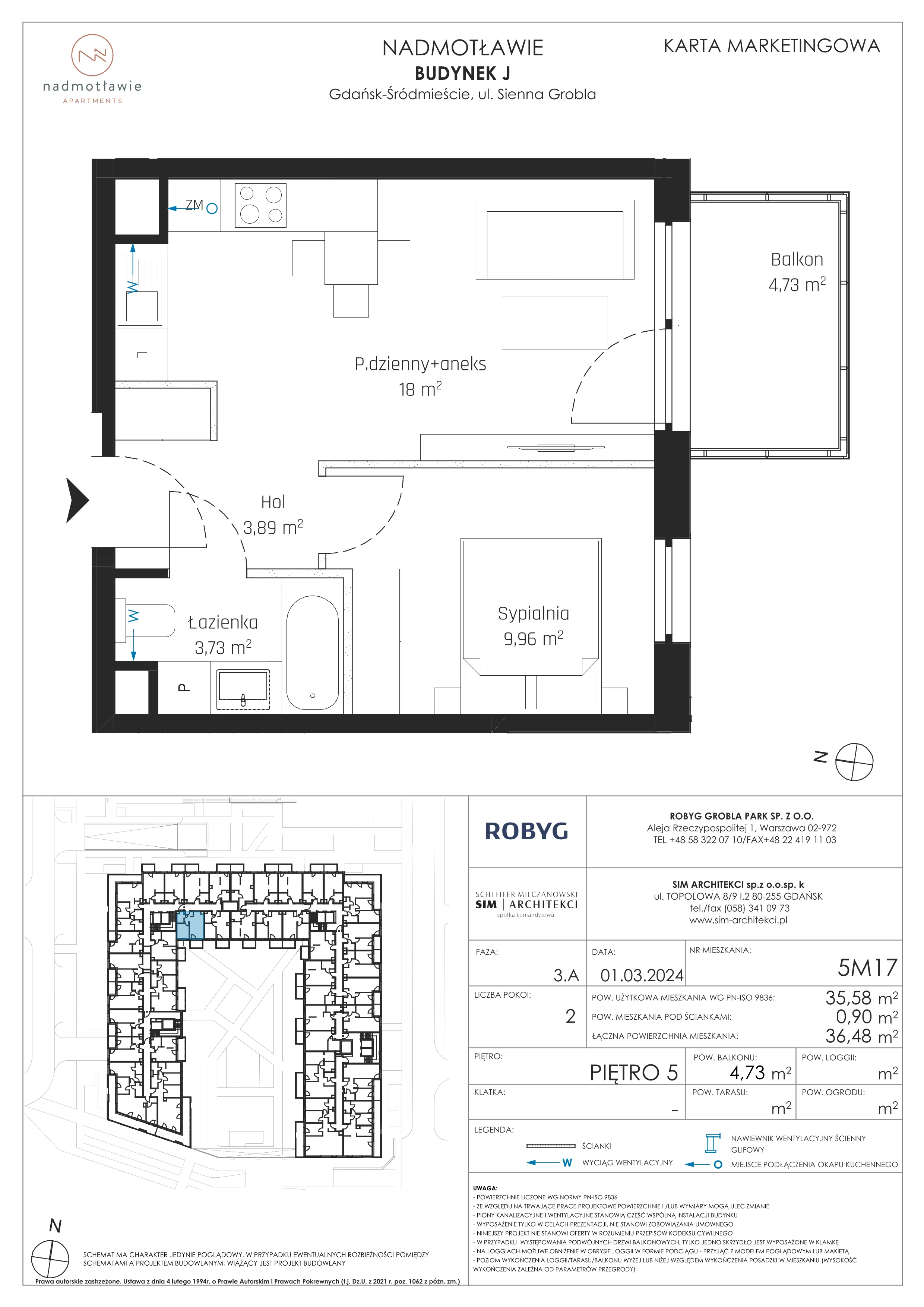 2 pokoje, mieszkanie 35,58 m², piętro 5, oferta nr J.5M17, Nadmotławie Apartments, Gdańsk, Śródmieście, ul. Sienna Grobla