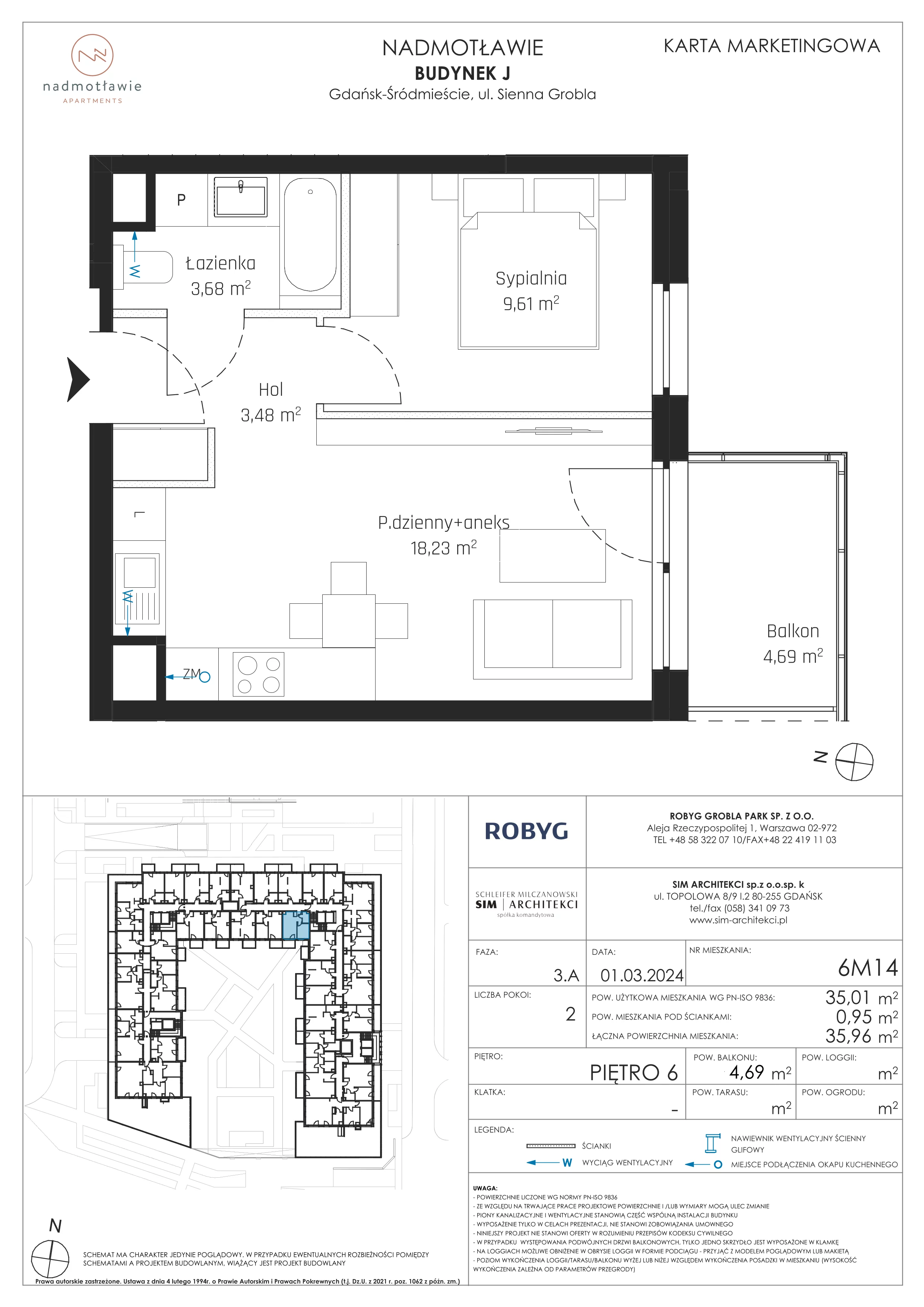 2 pokoje, mieszkanie 35,01 m², piętro 6, oferta nr J.6M14, Nadmotławie Apartments Budynek J, Gdańsk, Śródmieście, ul. Sienna Grobla