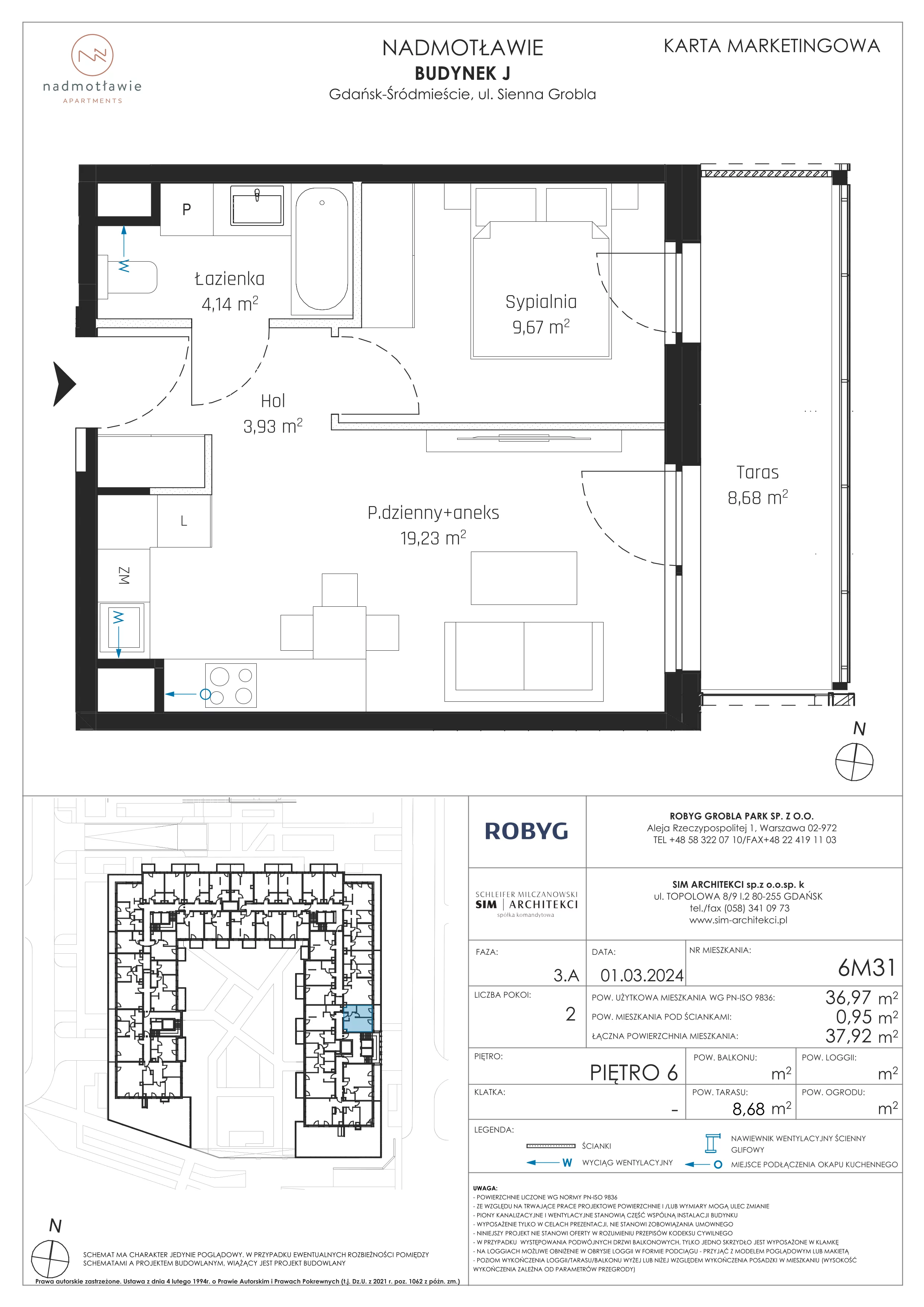 2 pokoje, mieszkanie 36,97 m², piętro 6, oferta nr J.6M31, Nadmotławie Apartments Budynek J, Gdańsk, Śródmieście, ul. Sienna Grobla