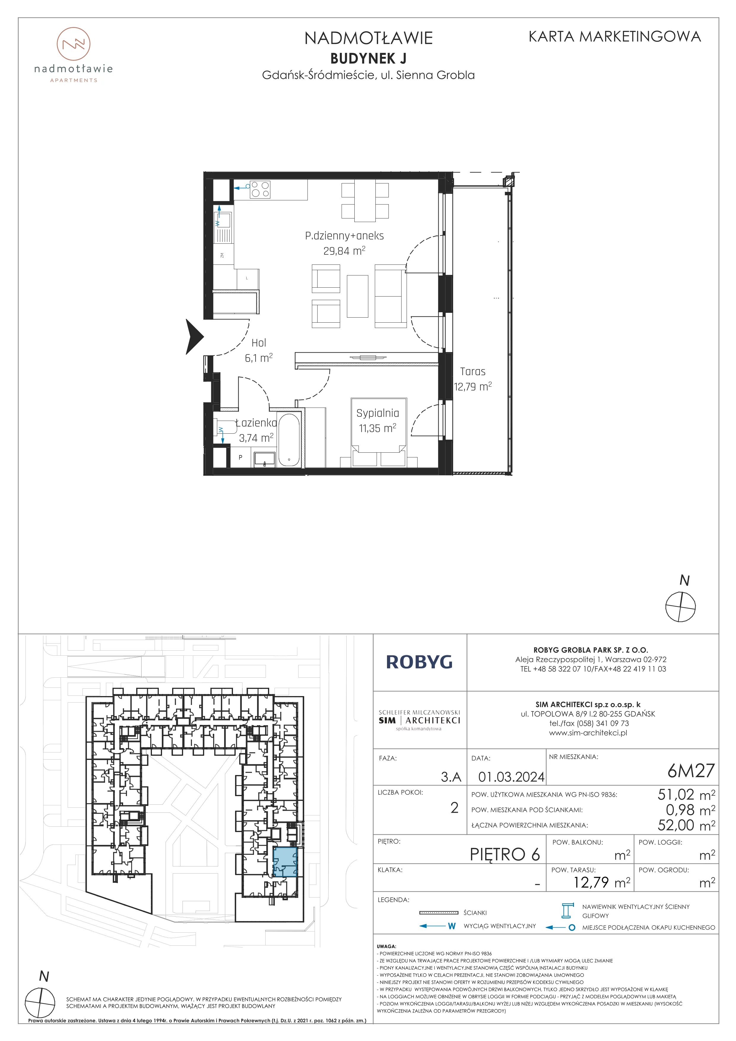 2 pokoje, mieszkanie 51,02 m², piętro 6, oferta nr J.6M27, Nadmotławie Apartments Budynek J, Gdańsk, Śródmieście, ul. Sienna Grobla