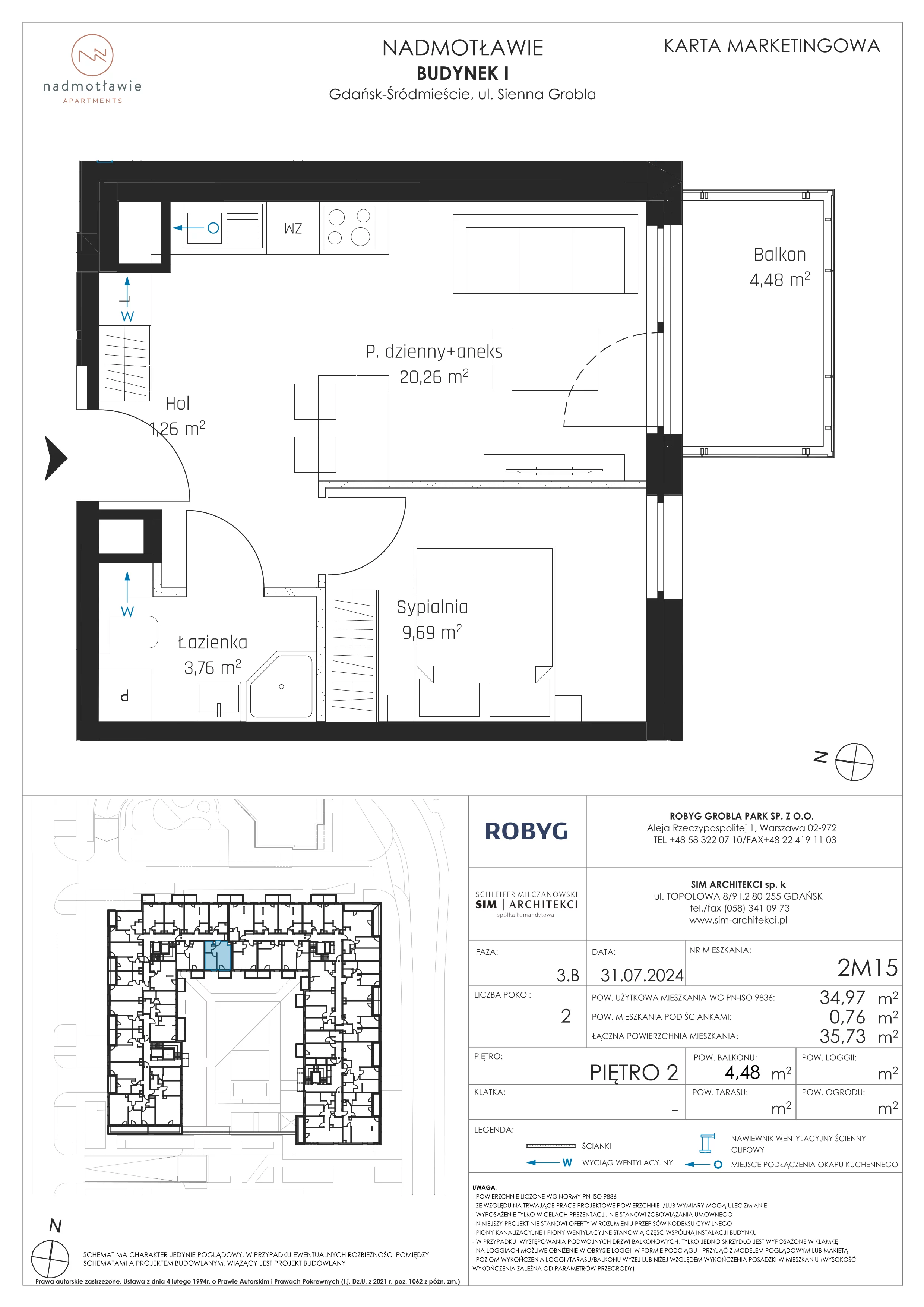 2 pokoje, mieszkanie 34,97 m², piętro 2, oferta nr I.2M15, Nadmotławie Apartments Budynek I, Gdańsk, Śródmieście, ul. Sienna Grobla
