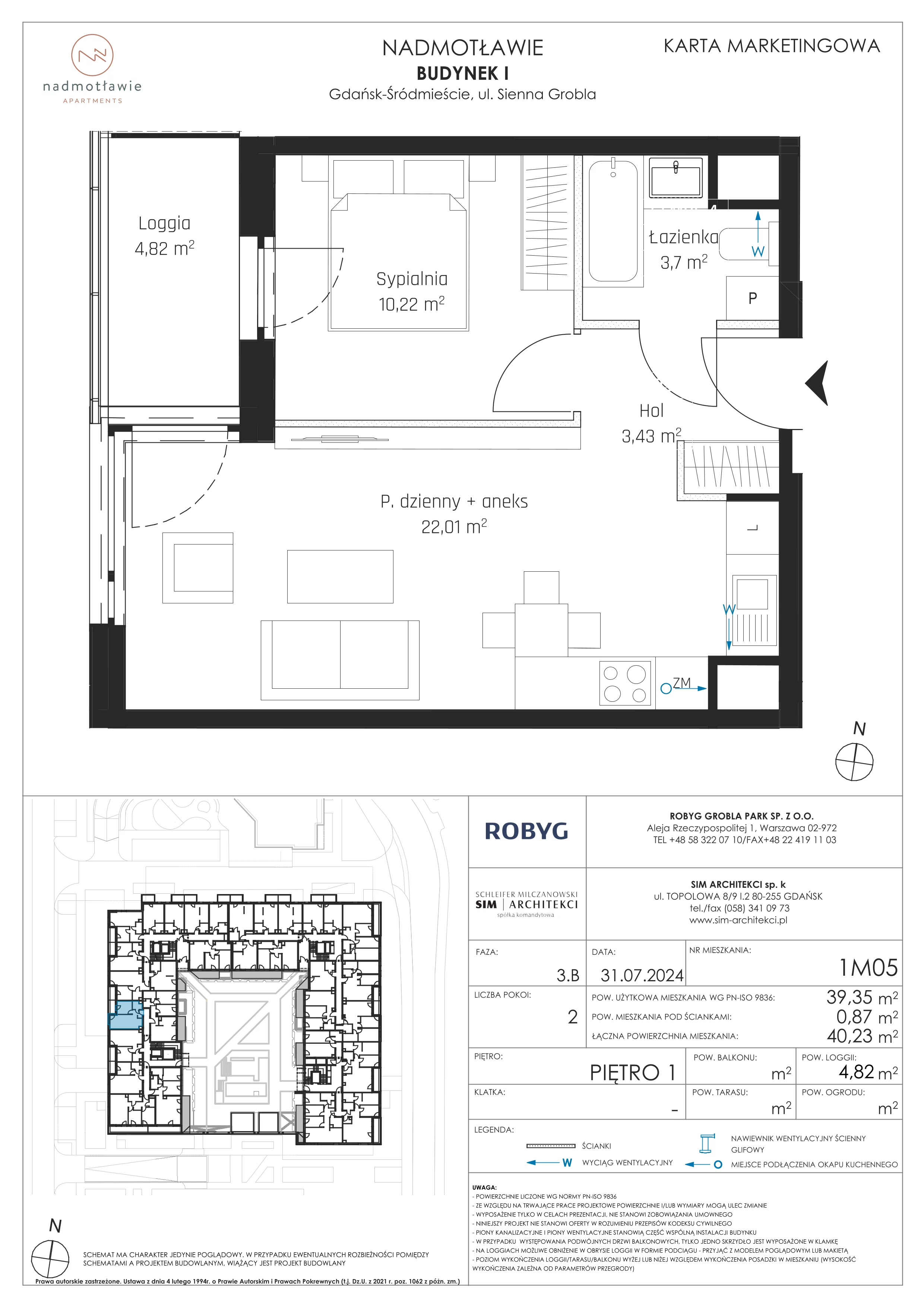 2 pokoje, mieszkanie 39,35 m², piętro 1, oferta nr I.1M05, Nadmotławie Apartments Budynek I, Gdańsk, Śródmieście, ul. Sienna Grobla