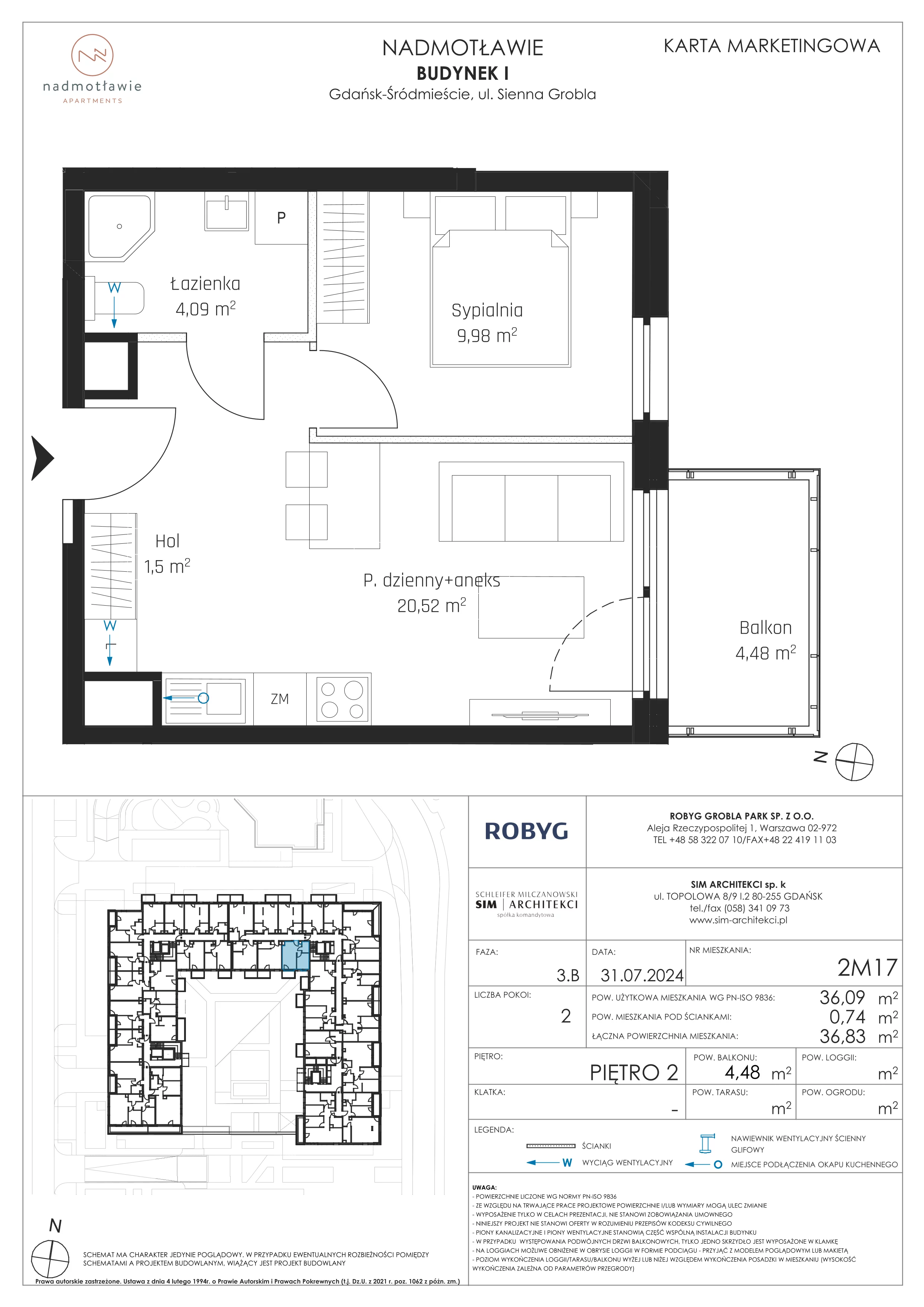 2 pokoje, mieszkanie 36,09 m², piętro 2, oferta nr I.2M17, Nadmotławie Apartments Budynek I, Gdańsk, Śródmieście, ul. Sienna Grobla