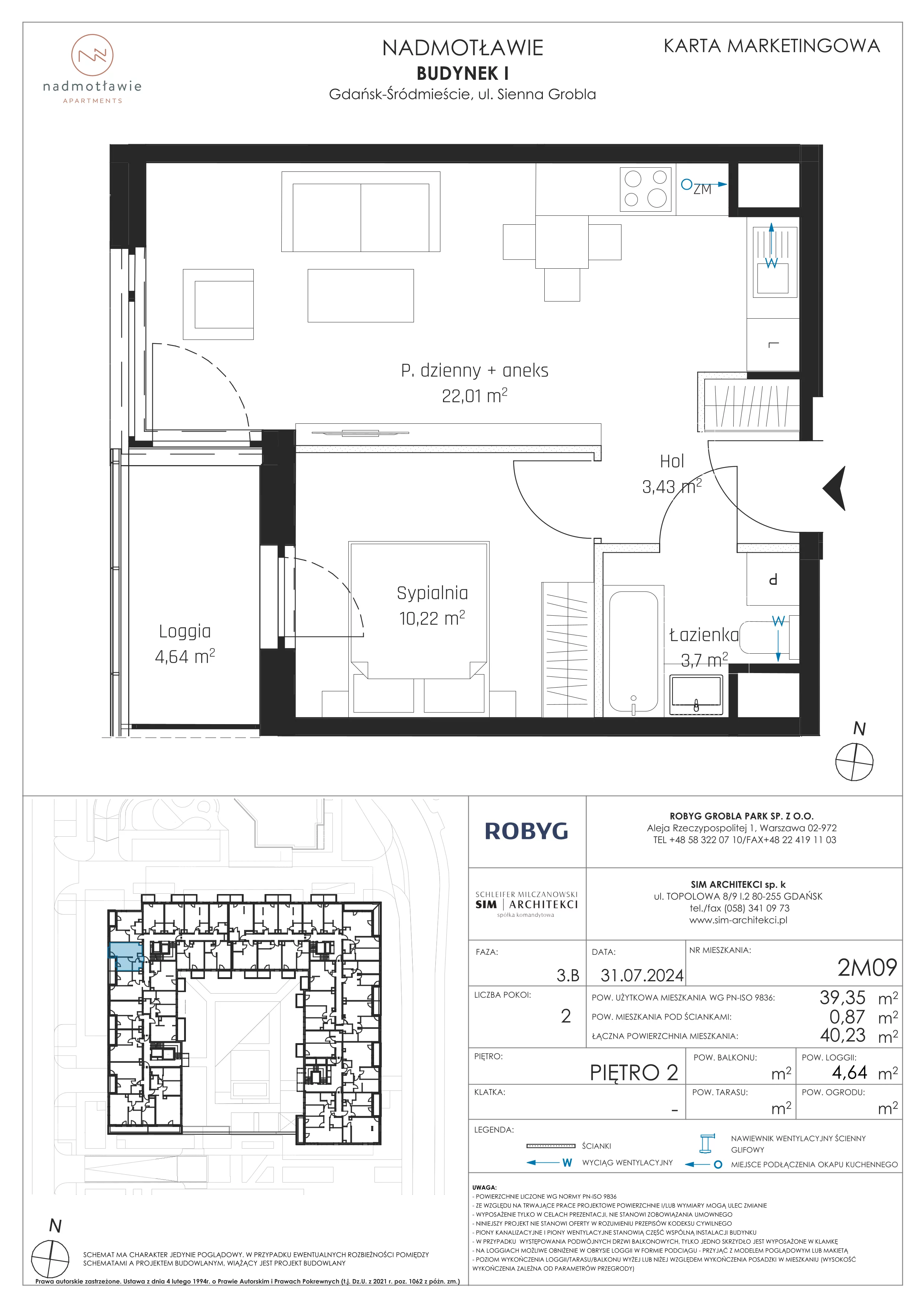 2 pokoje, mieszkanie 39,35 m², piętro 2, oferta nr I.2M09, Nadmotławie Apartments Budynek I, Gdańsk, Śródmieście, ul. Sienna Grobla