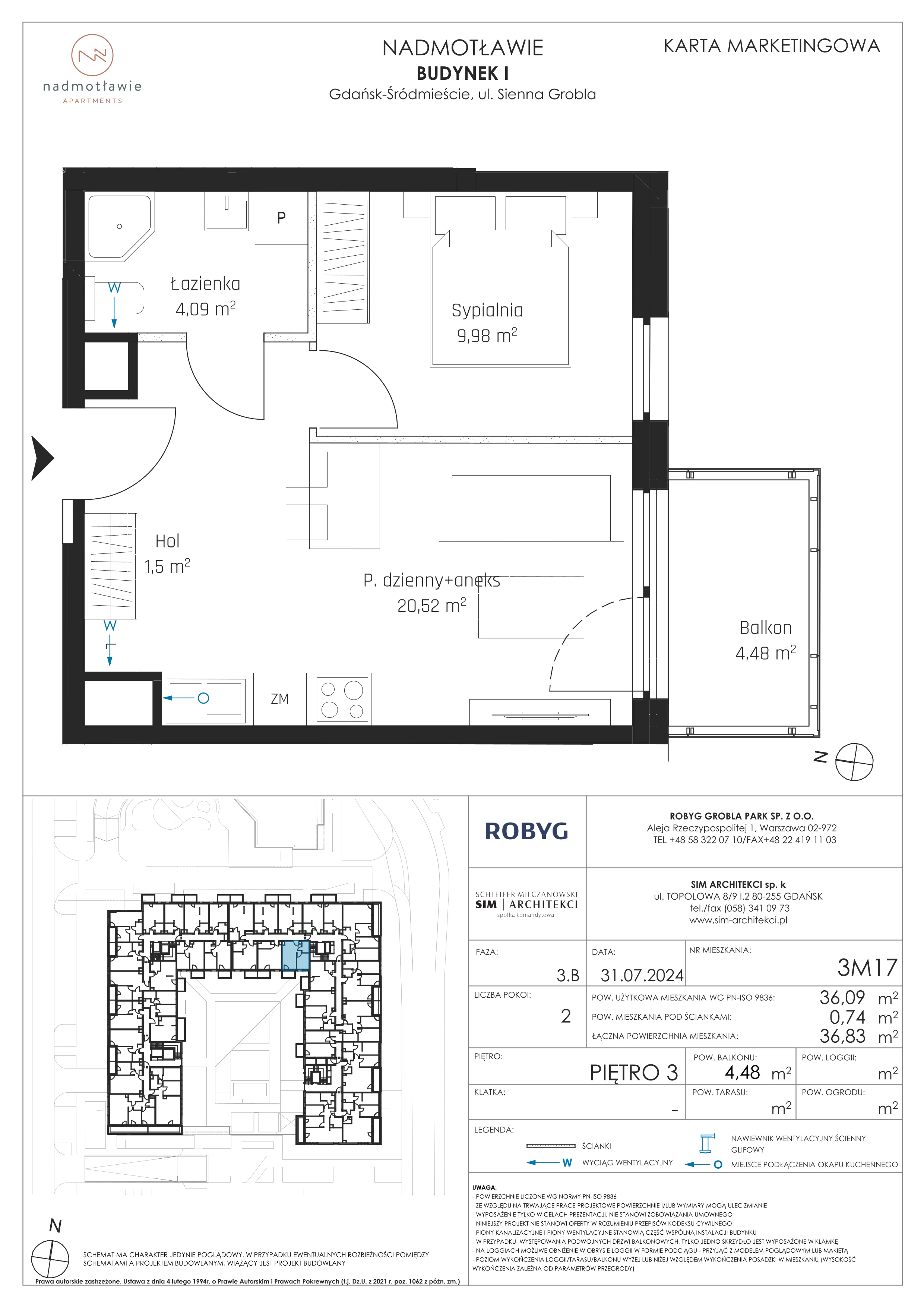 2 pokoje, mieszkanie 36,09 m², piętro 3, oferta nr I.3M17, Nadmotławie Apartments Budynek I, Gdańsk, Śródmieście, ul. Sienna Grobla