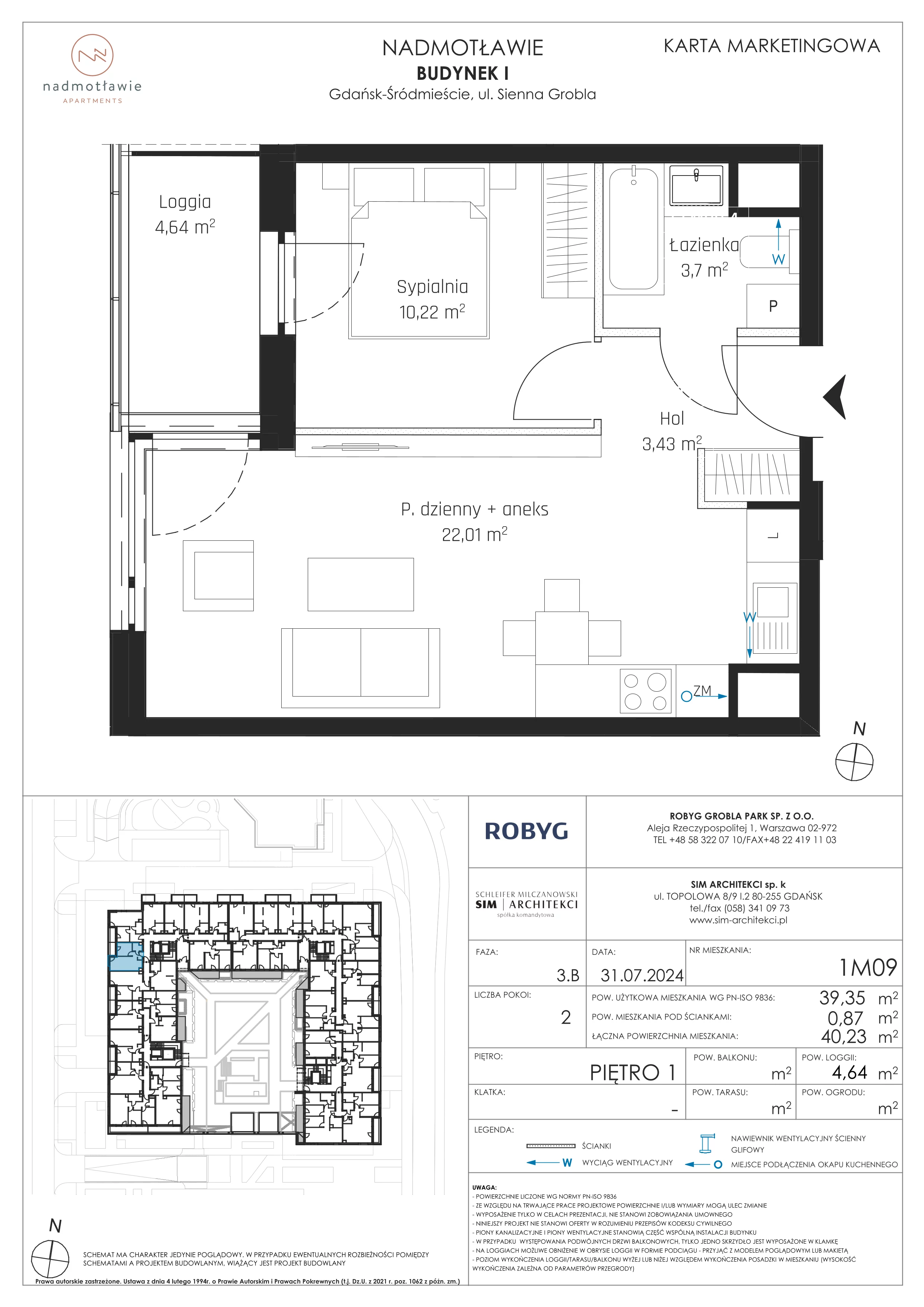 2 pokoje, mieszkanie 39,35 m², piętro 1, oferta nr I.1M09, Nadmotławie Apartments Budynek I, Gdańsk, Śródmieście, ul. Sienna Grobla