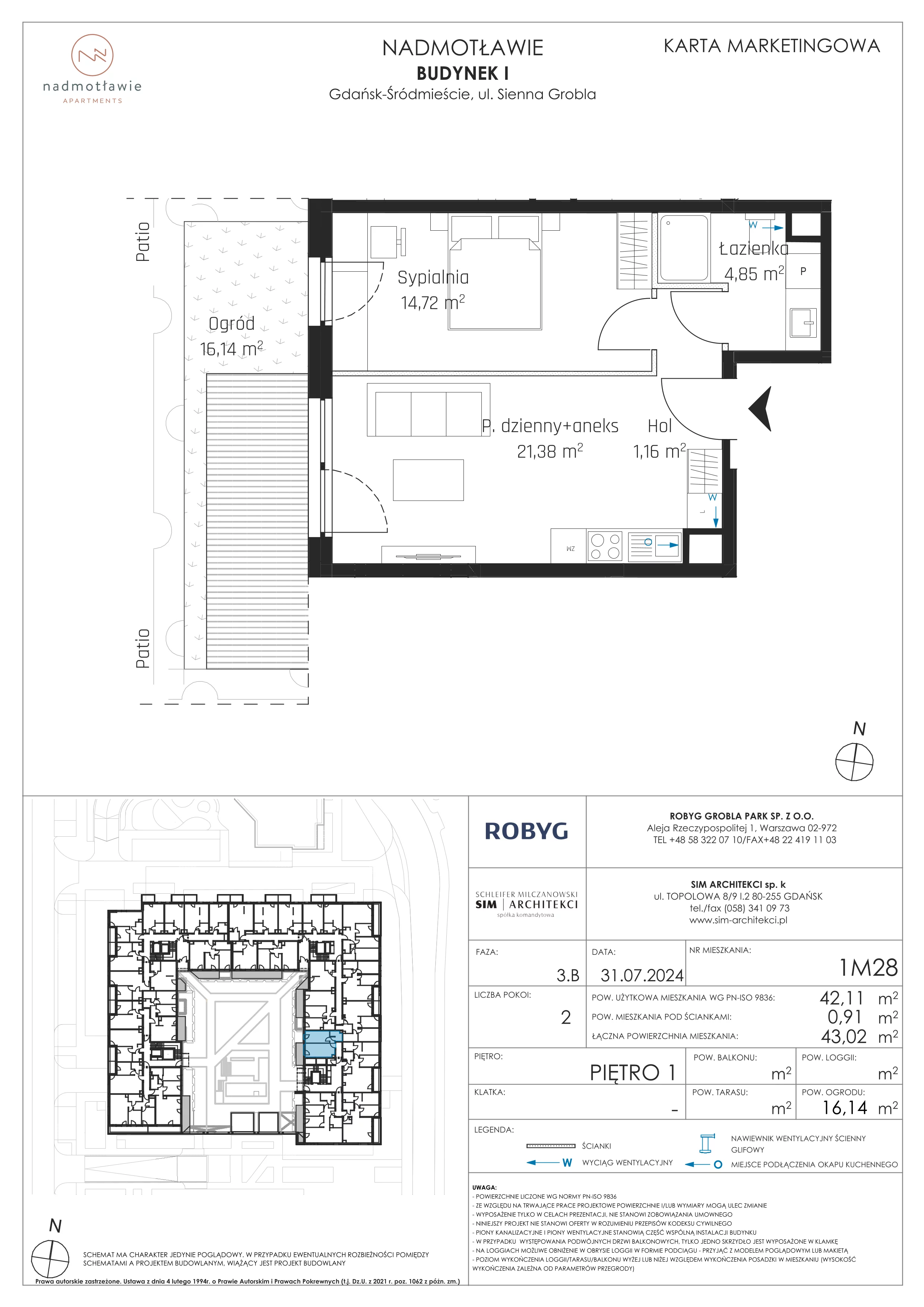 2 pokoje, mieszkanie 42,11 m², piętro 1, oferta nr I.1M28, Nadmotławie Apartments Budynek I, Gdańsk, Śródmieście, ul. Sienna Grobla