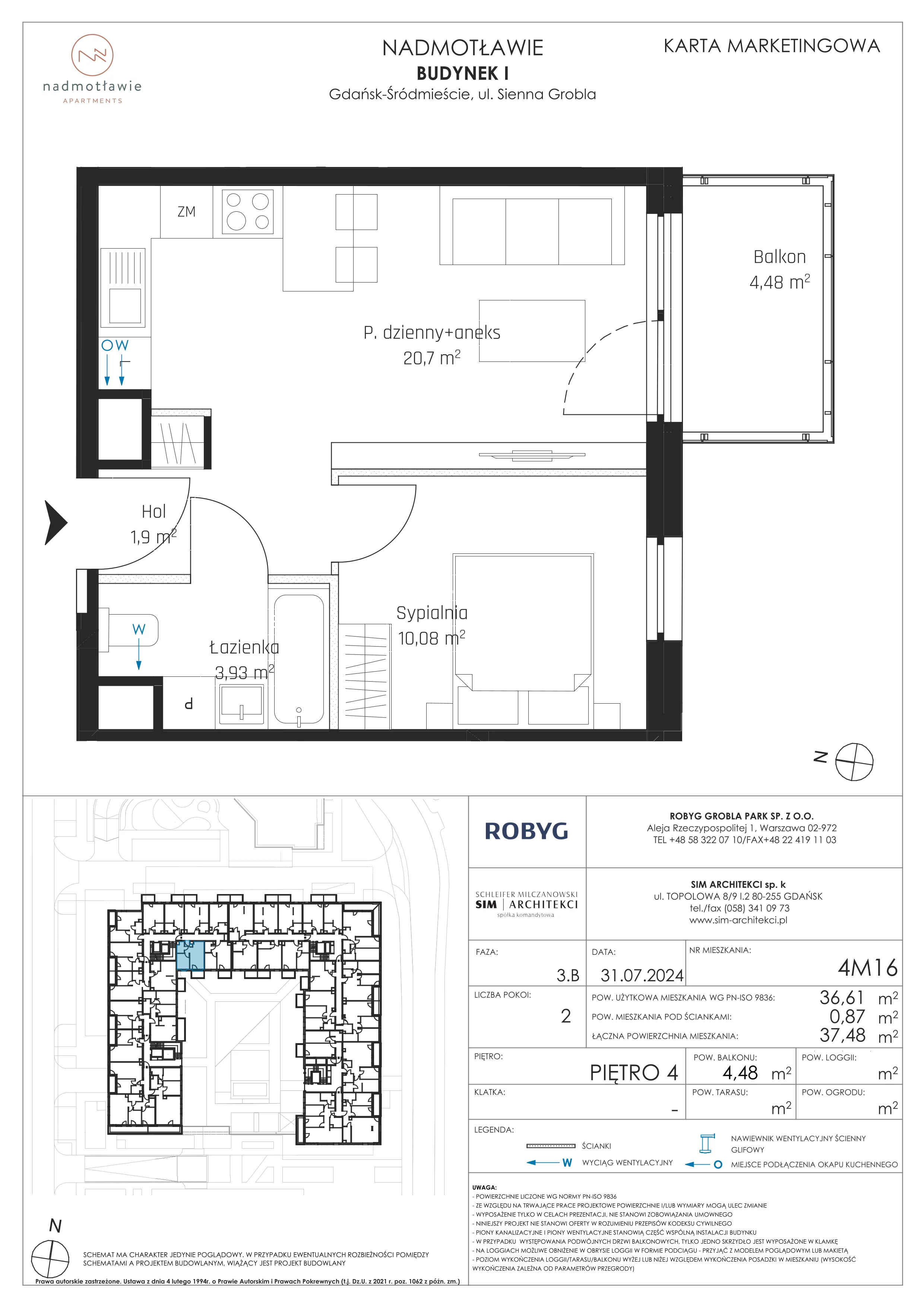 2 pokoje, mieszkanie 36,61 m², piętro 4, oferta nr I.4M16, Nadmotławie Apartments Budynek I, Gdańsk, Śródmieście, ul. Sienna Grobla