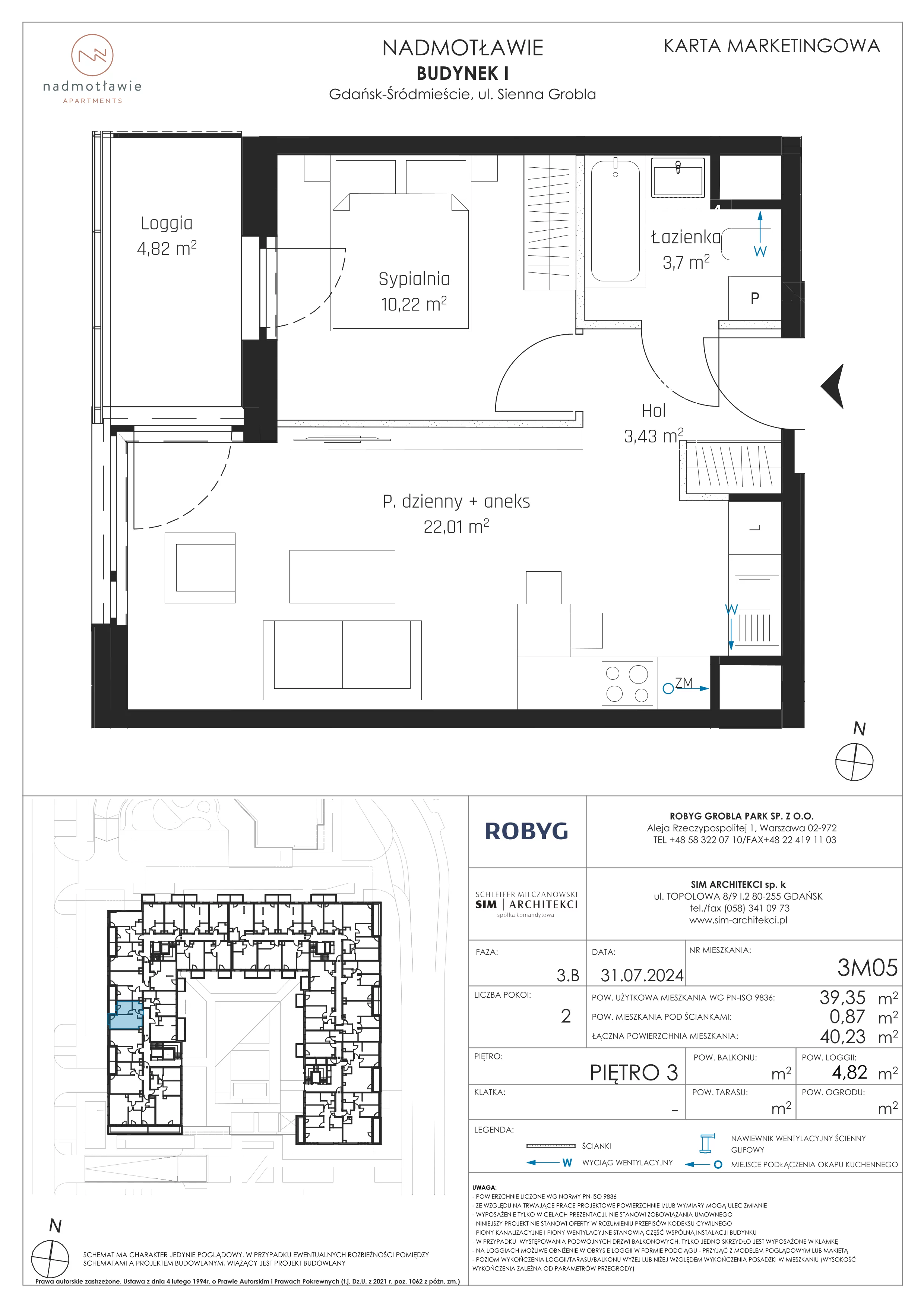 2 pokoje, mieszkanie 39,35 m², piętro 3, oferta nr I.3M05, Nadmotławie Apartments Budynek I, Gdańsk, Śródmieście, ul. Sienna Grobla
