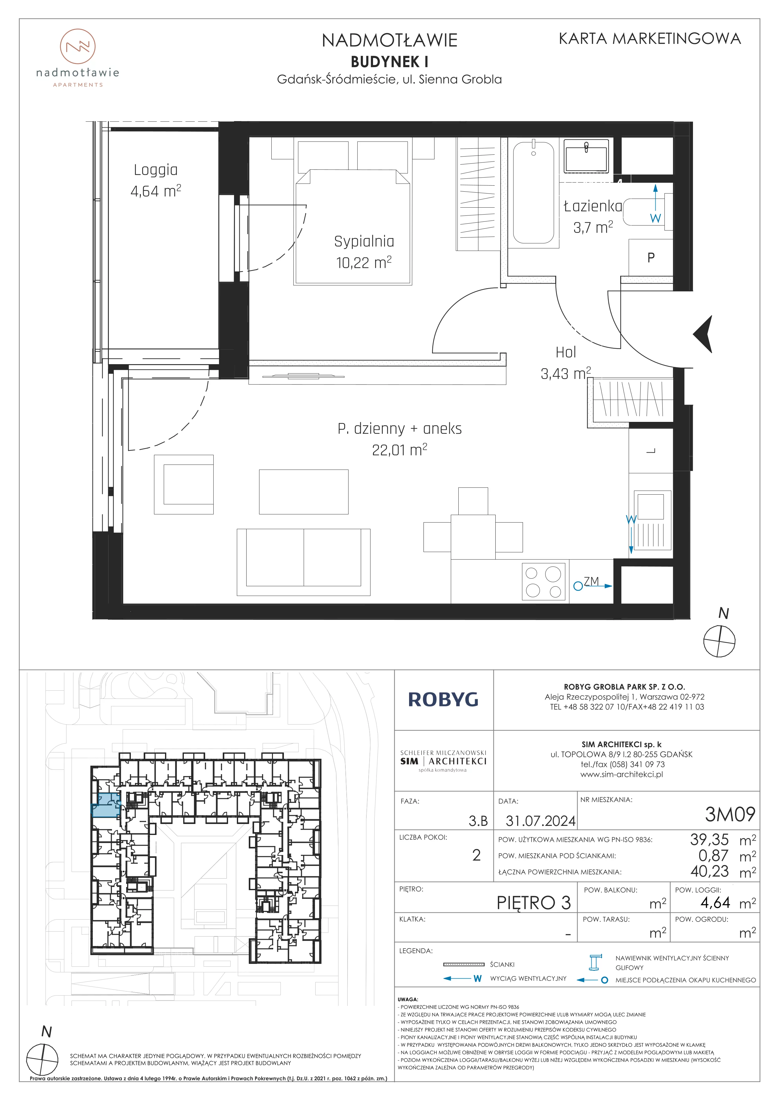 2 pokoje, mieszkanie 39,35 m², piętro 3, oferta nr I.3M09, Nadmotławie Apartments Budynek I, Gdańsk, Śródmieście, ul. Sienna Grobla