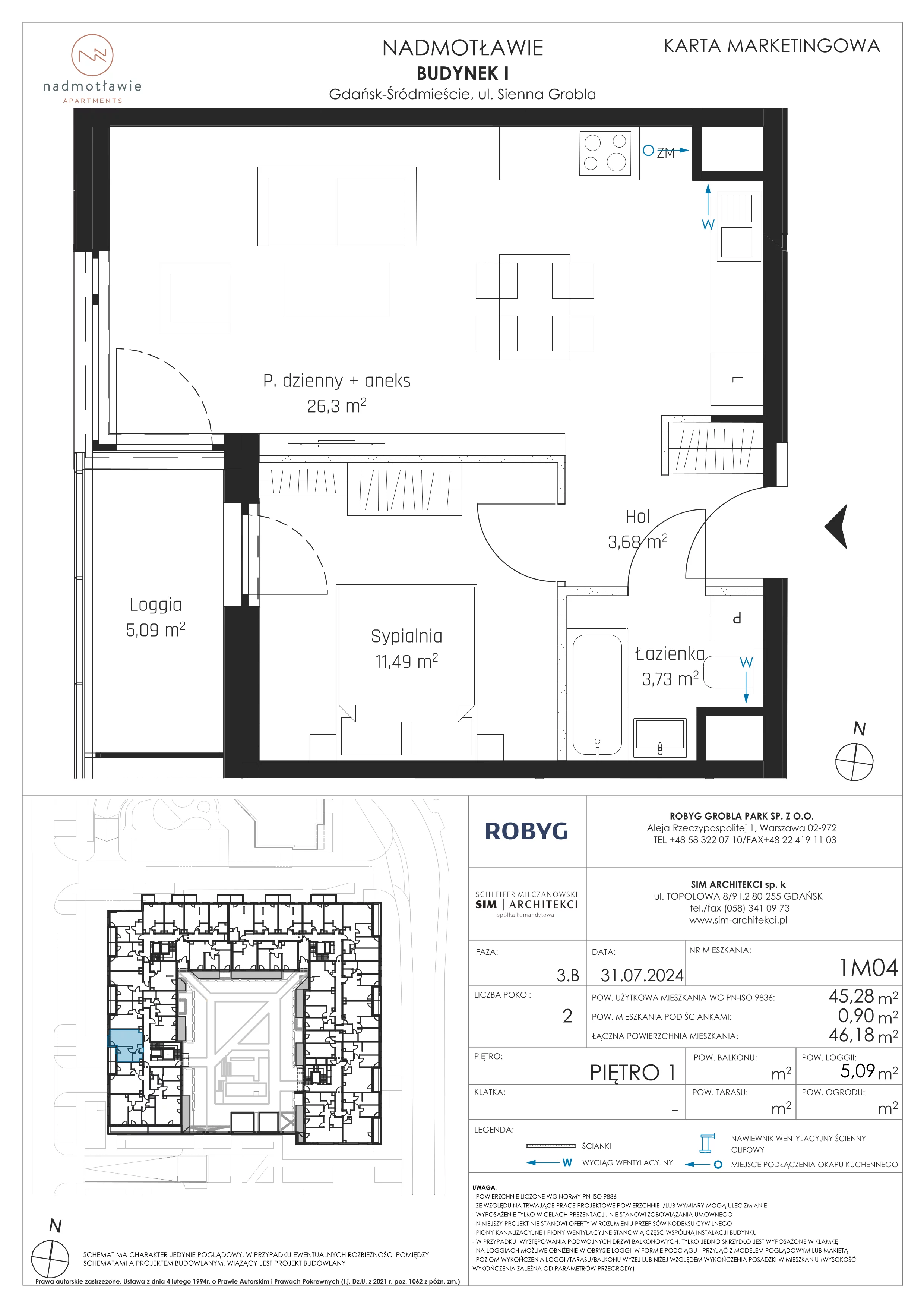 2 pokoje, mieszkanie 45,28 m², piętro 1, oferta nr I.1M04, Nadmotławie Apartments Budynek I, Gdańsk, Śródmieście, ul. Sienna Grobla