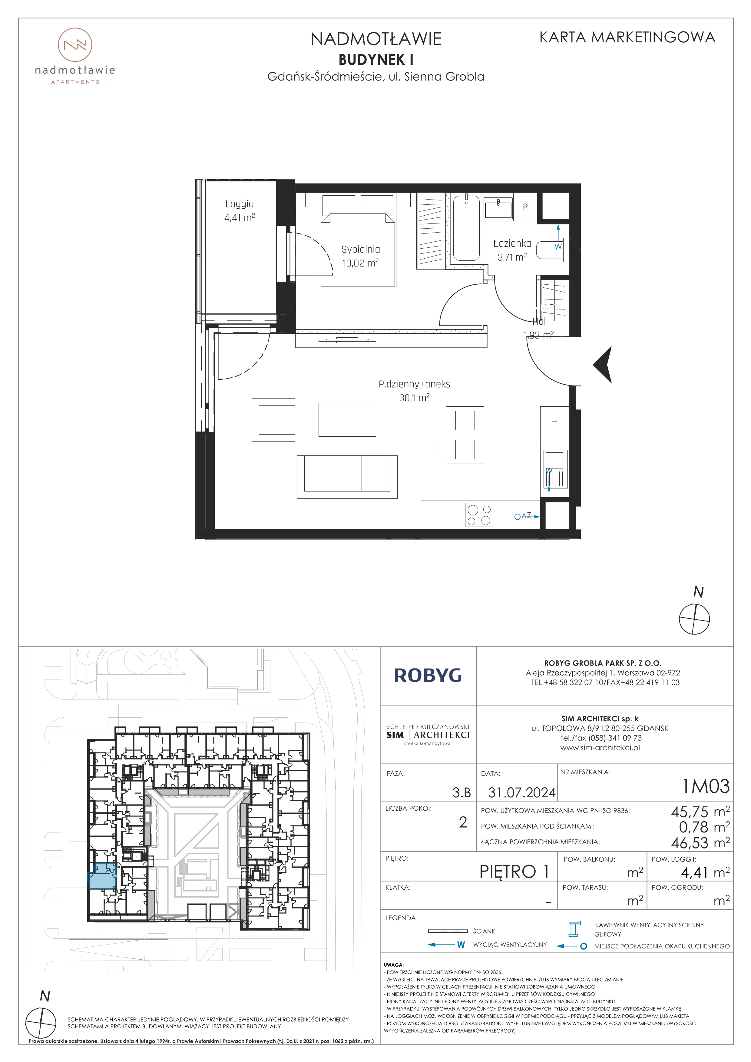 2 pokoje, mieszkanie 45,75 m², piętro 1, oferta nr I.1M03, Nadmotławie Apartments Budynek I, Gdańsk, Śródmieście, ul. Sienna Grobla