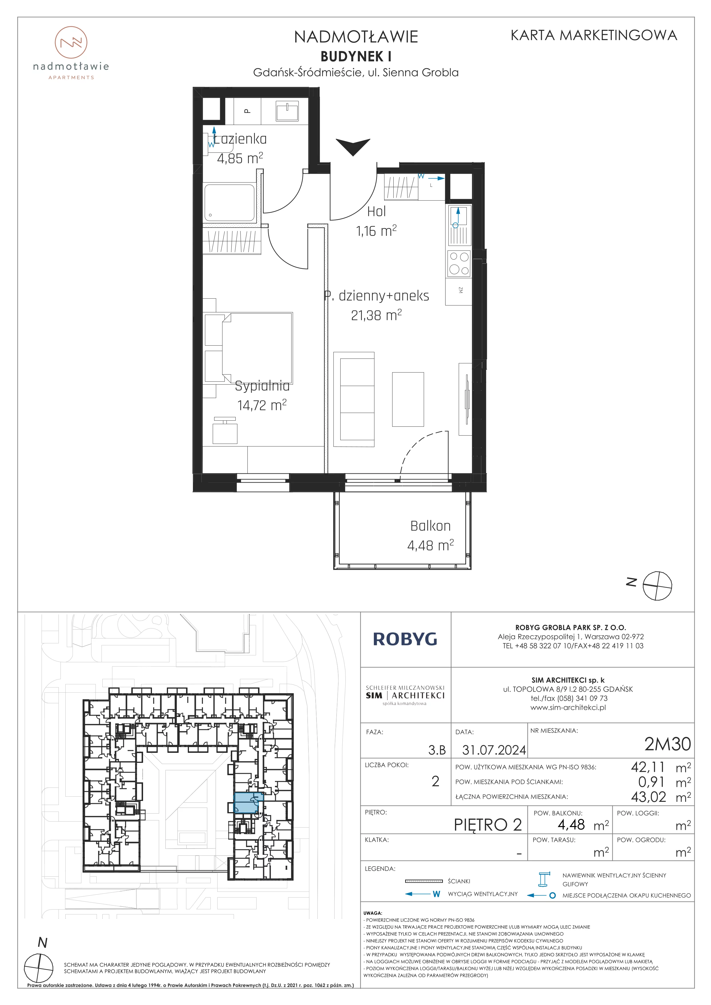 2 pokoje, mieszkanie 42,11 m², piętro 2, oferta nr I.2M30, Nadmotławie Apartments Budynek I, Gdańsk, Śródmieście, ul. Sienna Grobla