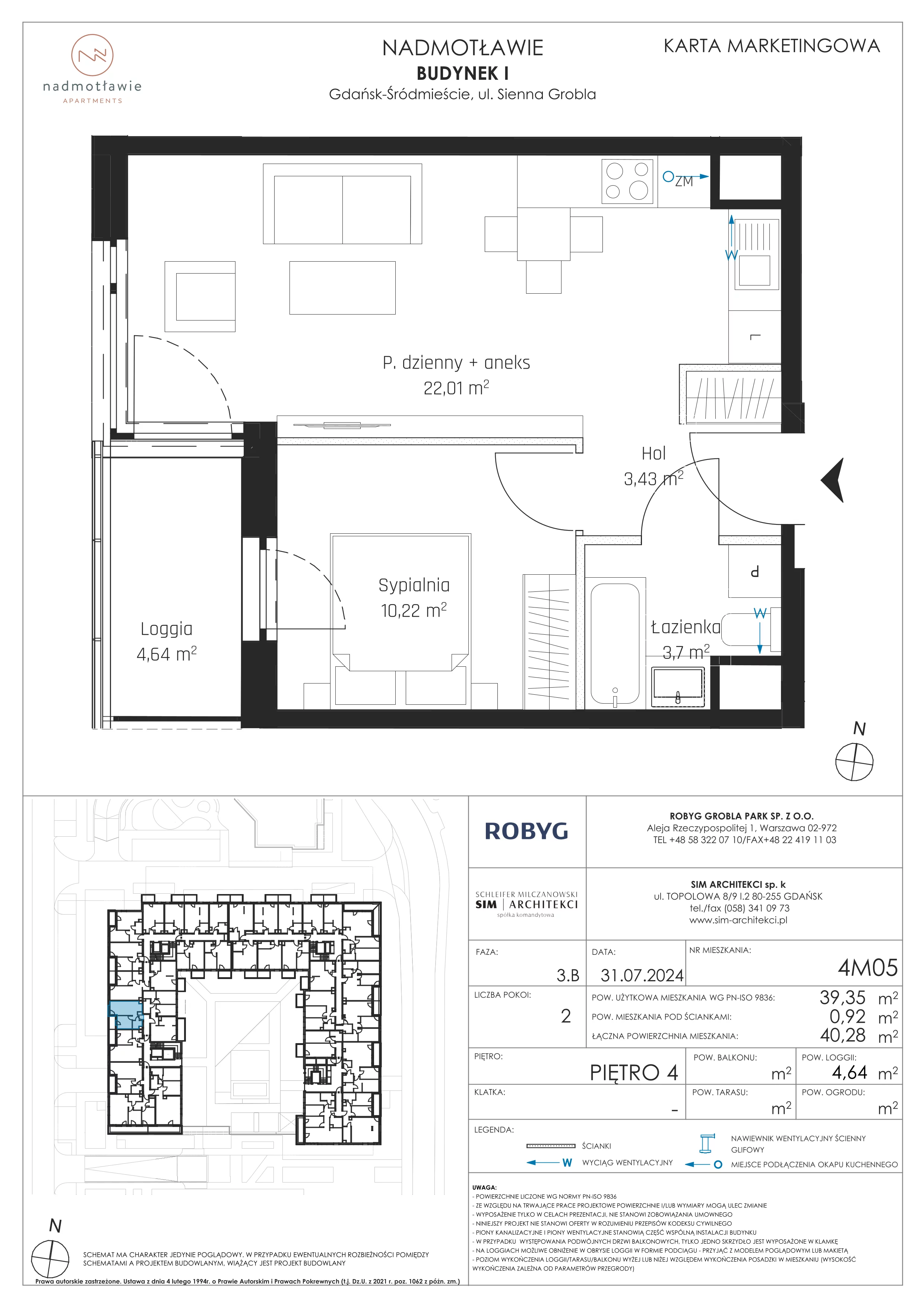 2 pokoje, mieszkanie 39,35 m², piętro 4, oferta nr I.4M05, Nadmotławie Apartments Budynek I, Gdańsk, Śródmieście, ul. Sienna Grobla