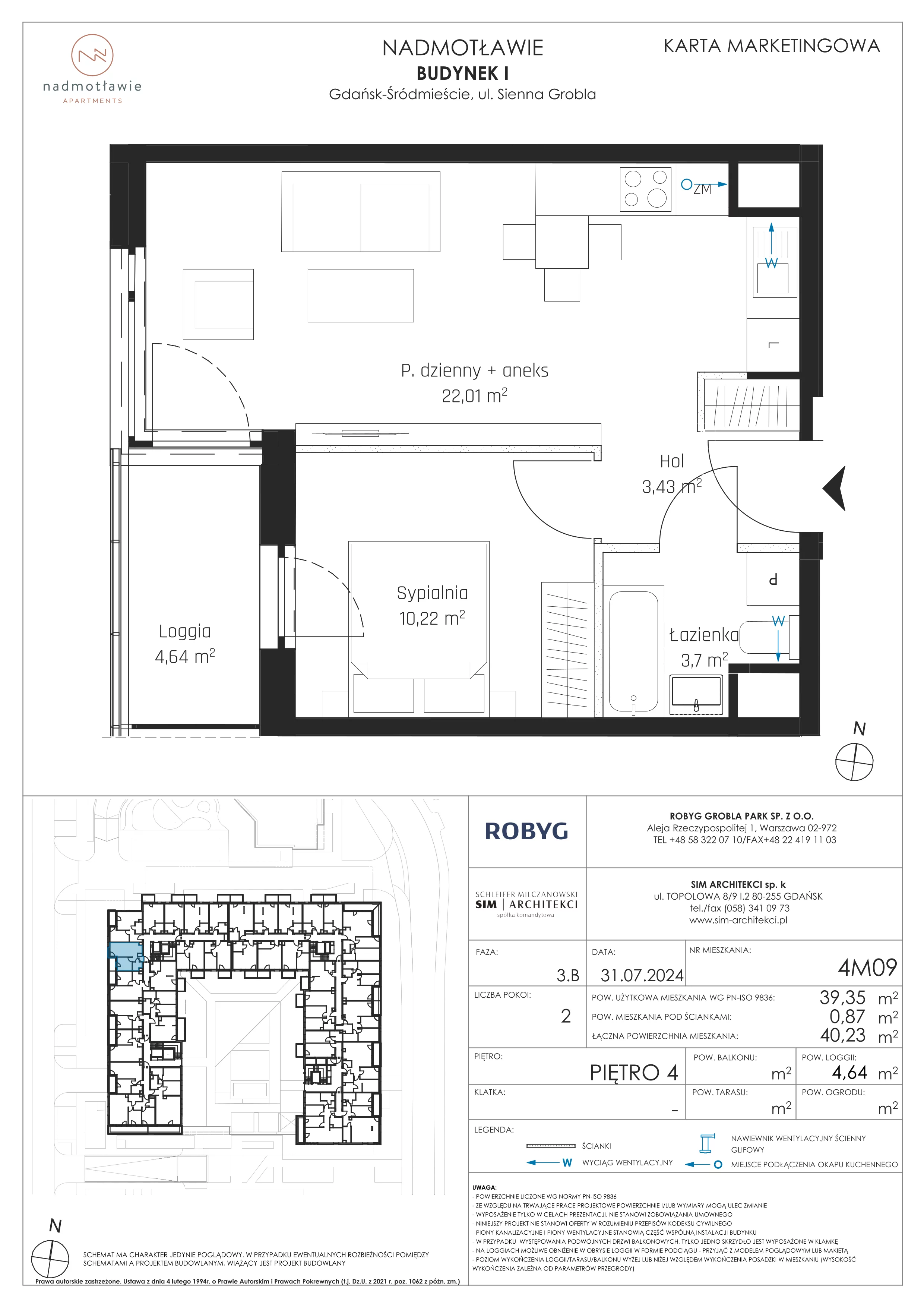 2 pokoje, mieszkanie 39,35 m², piętro 4, oferta nr I.4M09, Nadmotławie Apartments Budynek I, Gdańsk, Śródmieście, ul. Sienna Grobla