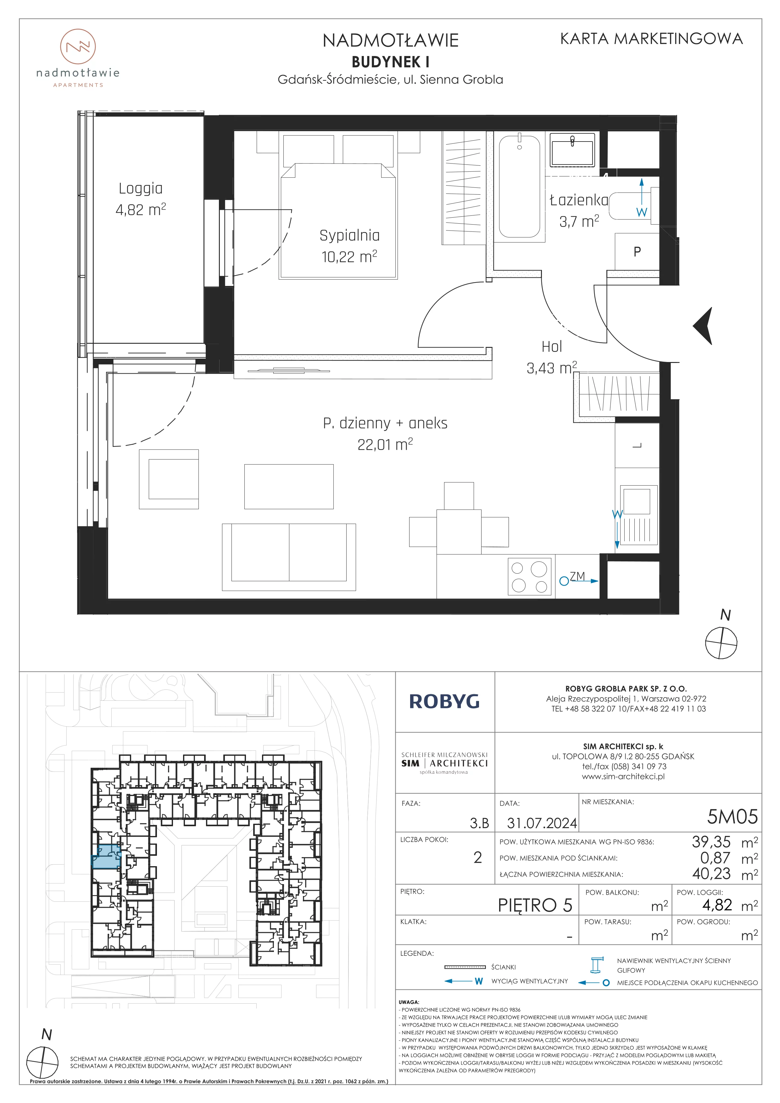 2 pokoje, mieszkanie 39,35 m², piętro 5, oferta nr I.5M05, Nadmotławie Apartments Budynek I, Gdańsk, Śródmieście, ul. Sienna Grobla