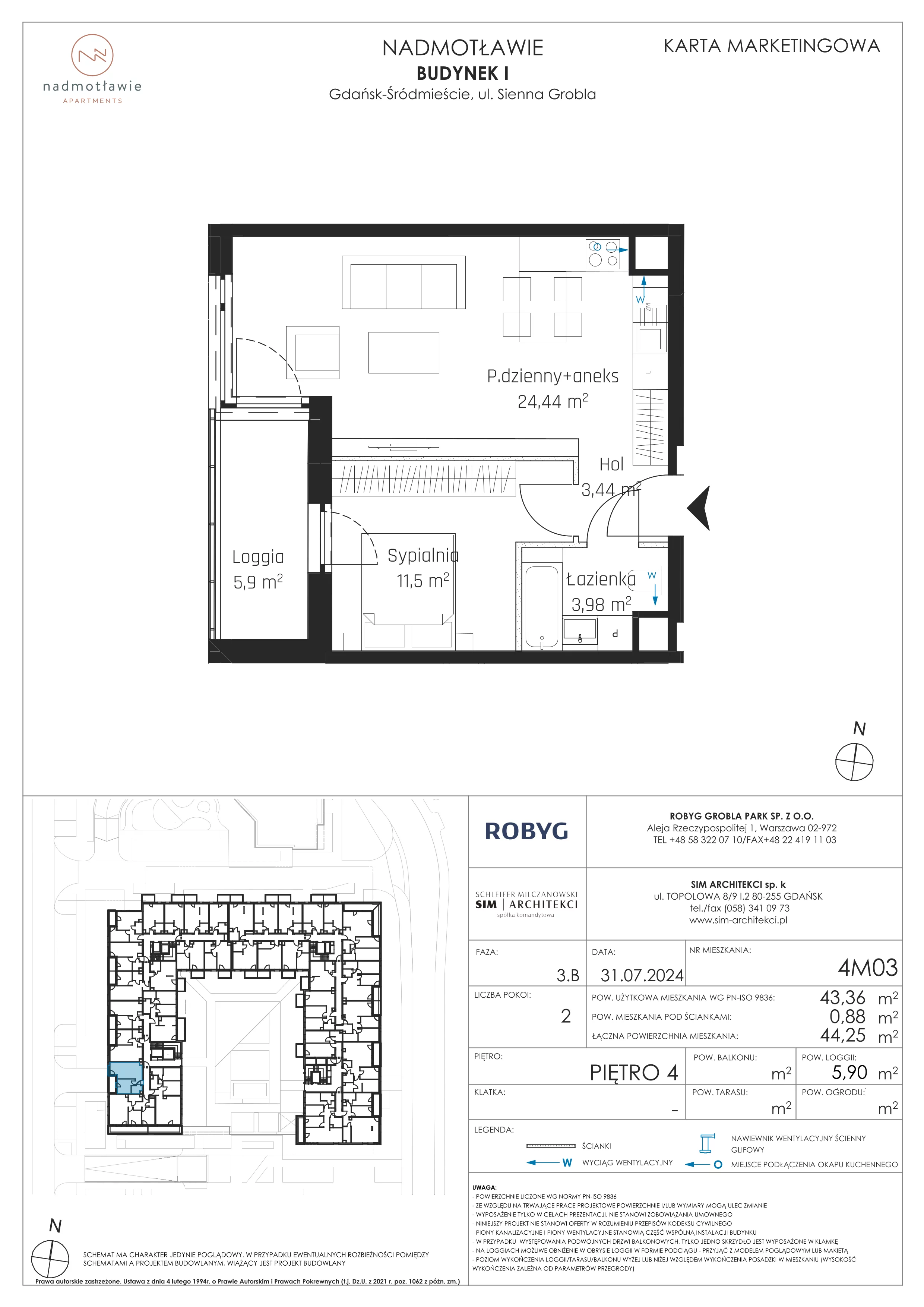 2 pokoje, mieszkanie 43,36 m², piętro 4, oferta nr I.4M03, Nadmotławie Apartments Budynek I, Gdańsk, Śródmieście, ul. Sienna Grobla