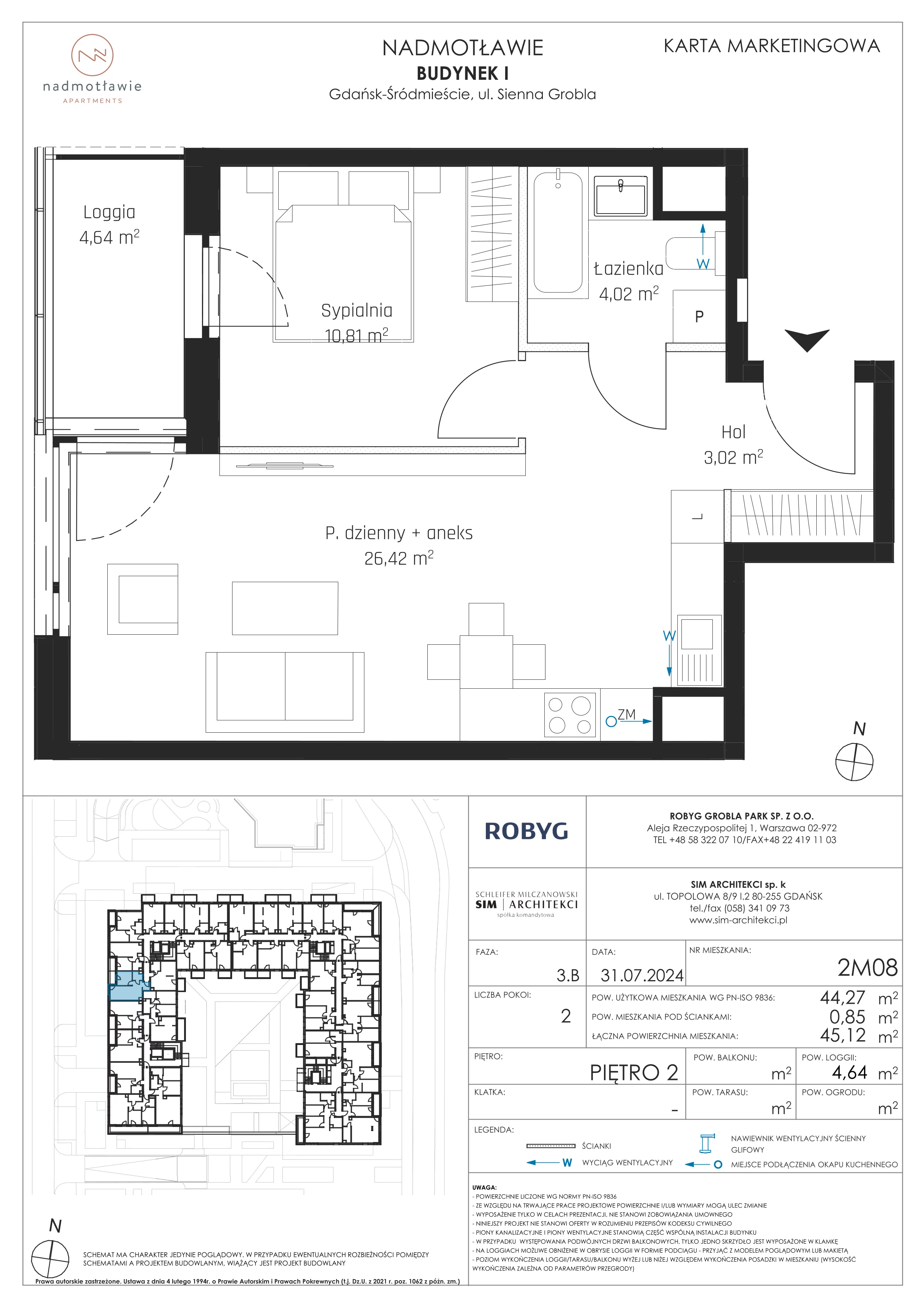 2 pokoje, mieszkanie 44,27 m², piętro 2, oferta nr I.2M08, Nadmotławie Apartments Budynek I, Gdańsk, Śródmieście, ul. Sienna Grobla