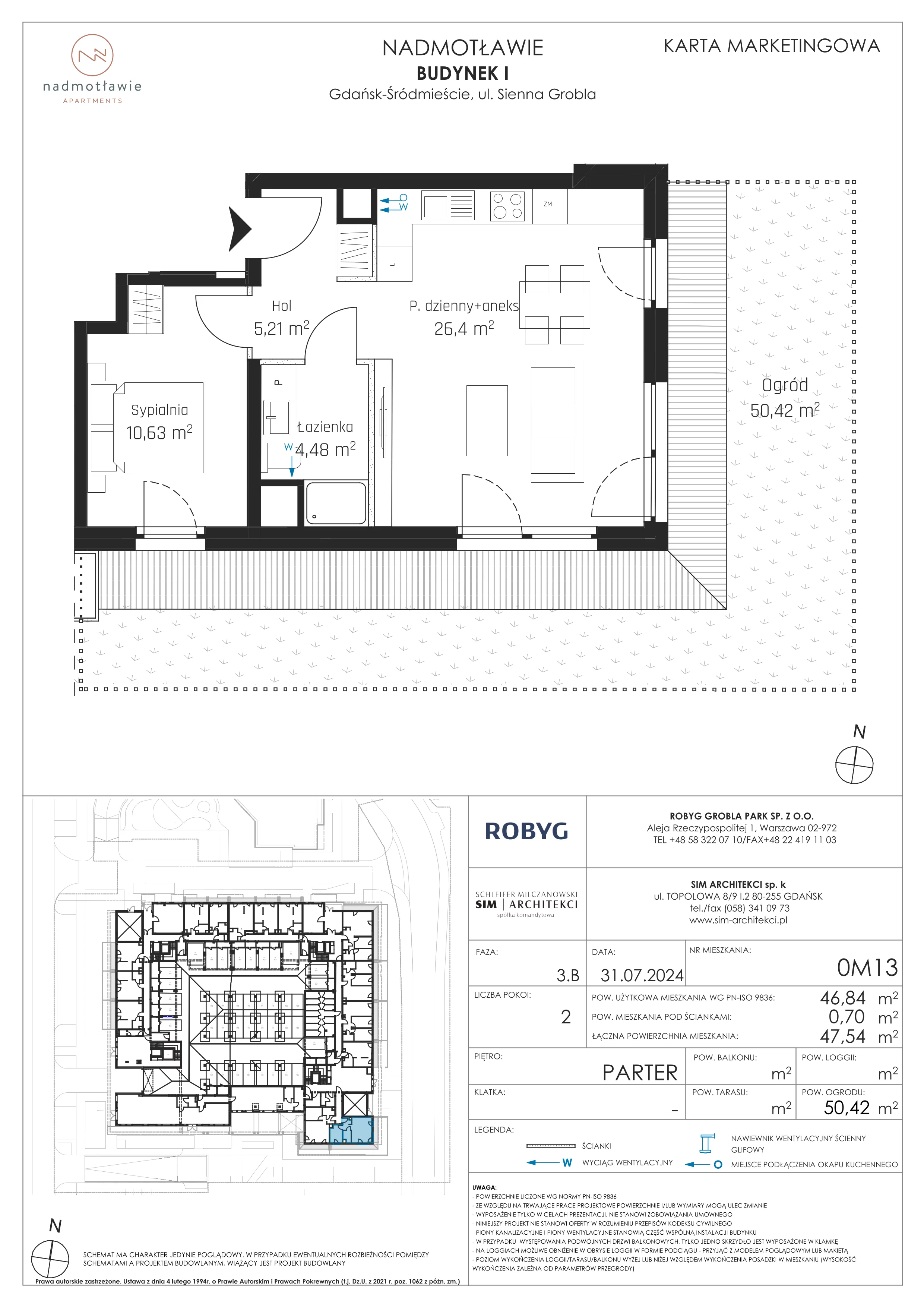 2 pokoje, mieszkanie 46,84 m², parter, oferta nr I.0M13, Nadmotławie Apartments Budynek I, Gdańsk, Śródmieście, ul. Sienna Grobla
