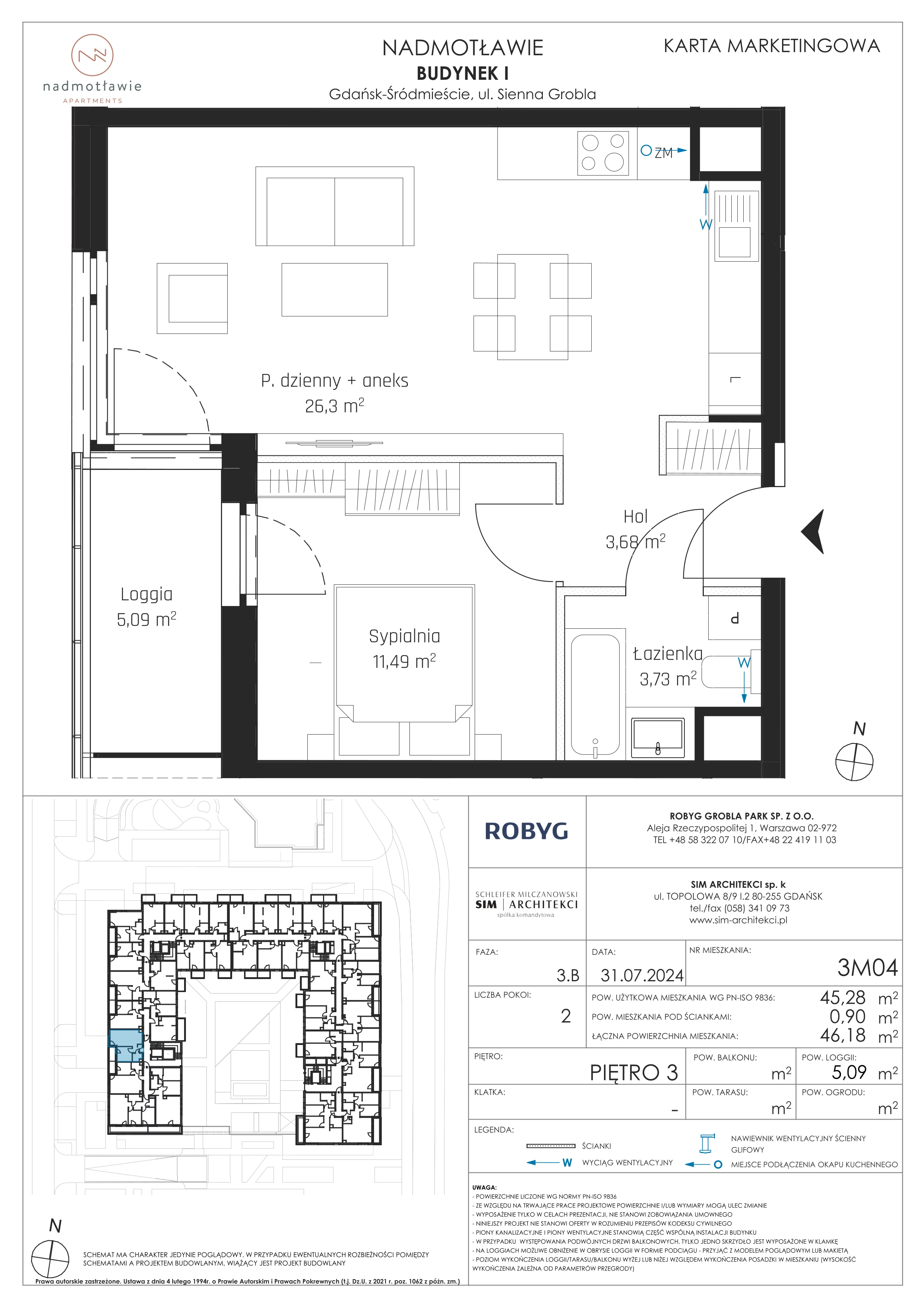 2 pokoje, mieszkanie 45,28 m², piętro 3, oferta nr I.3M04, Nadmotławie Apartments Budynek I, Gdańsk, Śródmieście, ul. Sienna Grobla