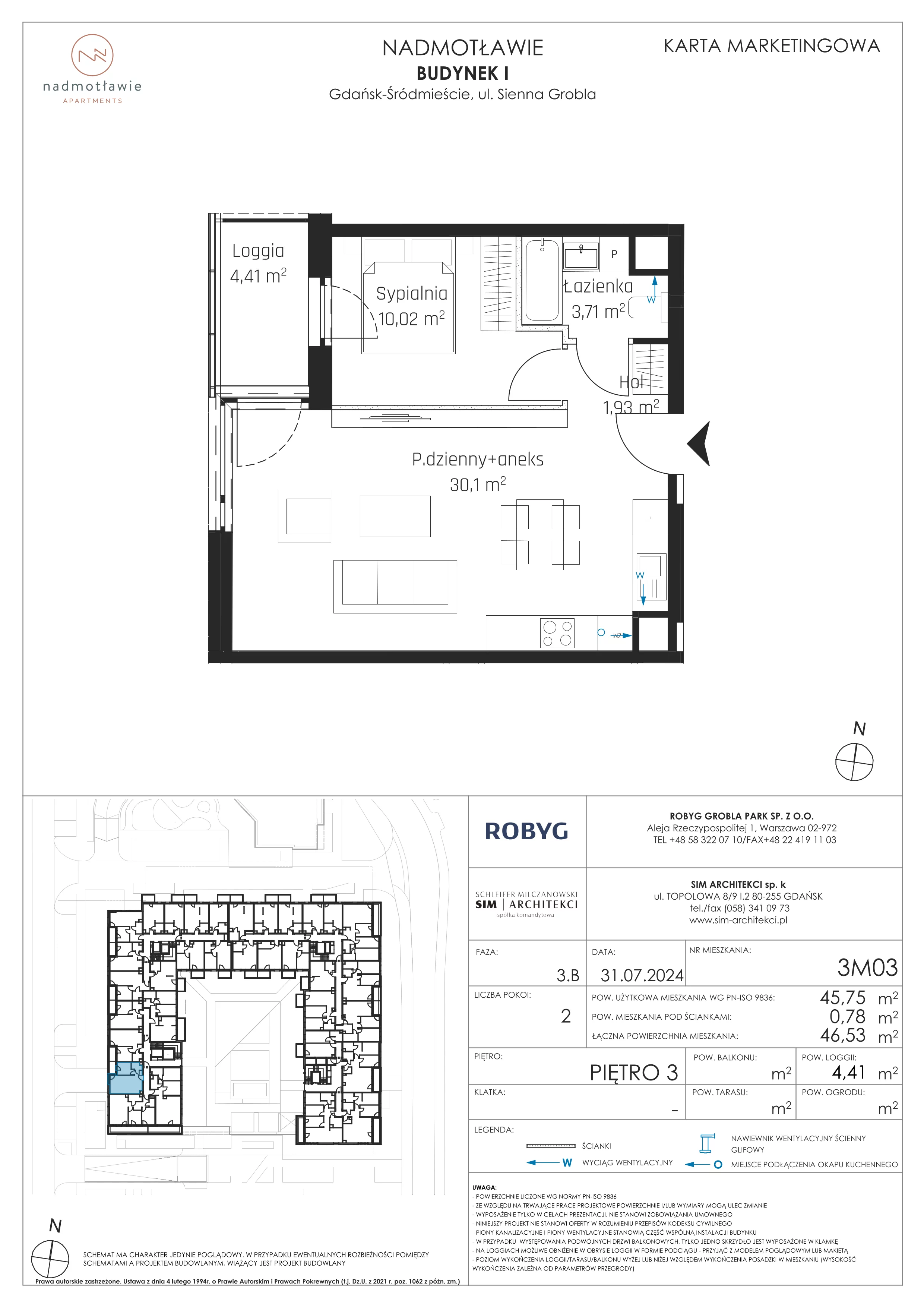 2 pokoje, mieszkanie 45,75 m², piętro 3, oferta nr I.3M03, Nadmotławie Apartments Budynek I, Gdańsk, Śródmieście, ul. Sienna Grobla