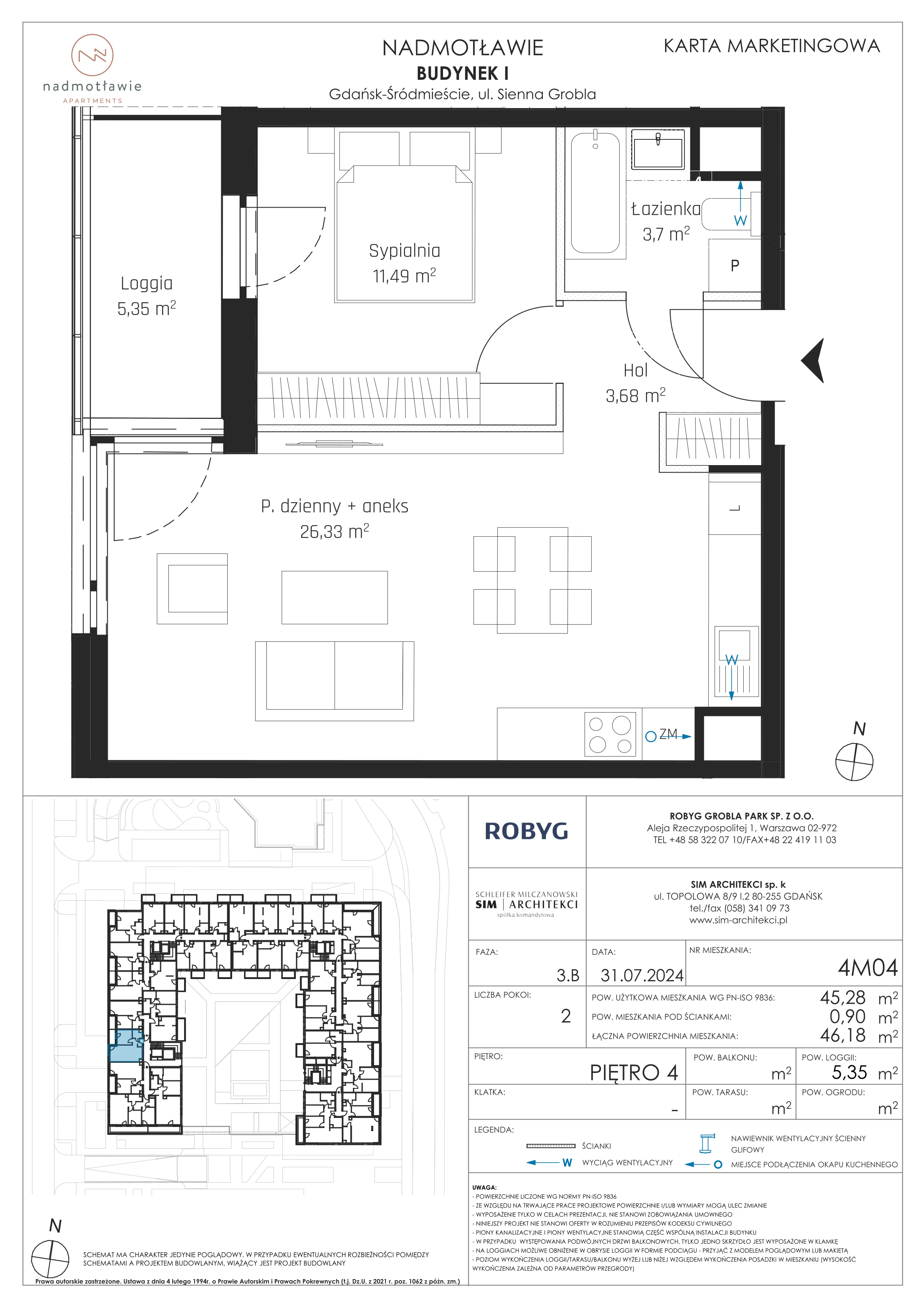 2 pokoje, mieszkanie 45,28 m², piętro 4, oferta nr I.4M04, Nadmotławie Apartments Budynek I, Gdańsk, Śródmieście, ul. Sienna Grobla