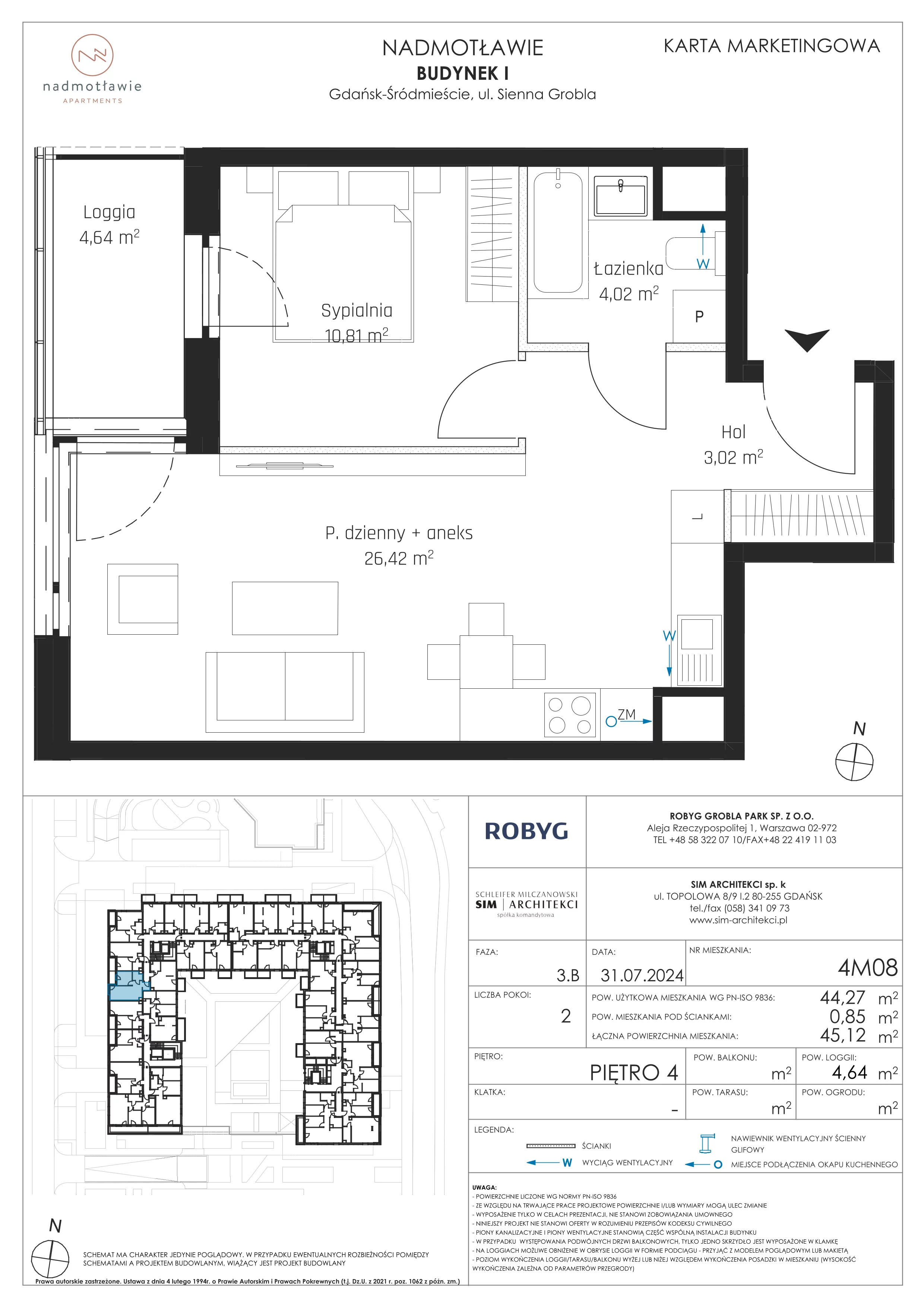 2 pokoje, mieszkanie 44,27 m², piętro 4, oferta nr I.4M08, Nadmotławie Apartments Budynek I, Gdańsk, Śródmieście, ul. Sienna Grobla