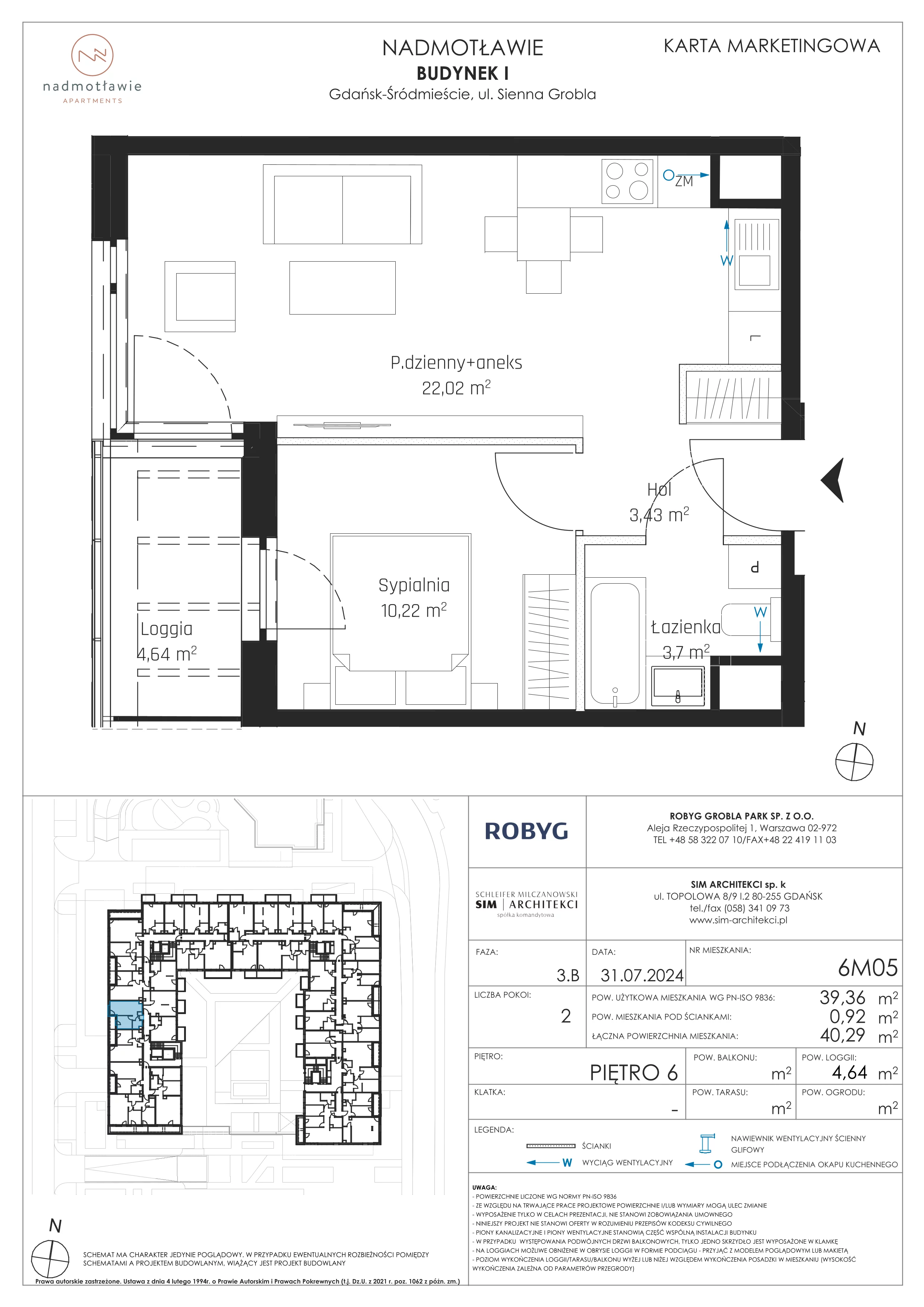 2 pokoje, mieszkanie 39,36 m², piętro 6, oferta nr I.6M05, Nadmotławie Apartments Budynek I, Gdańsk, Śródmieście, ul. Sienna Grobla