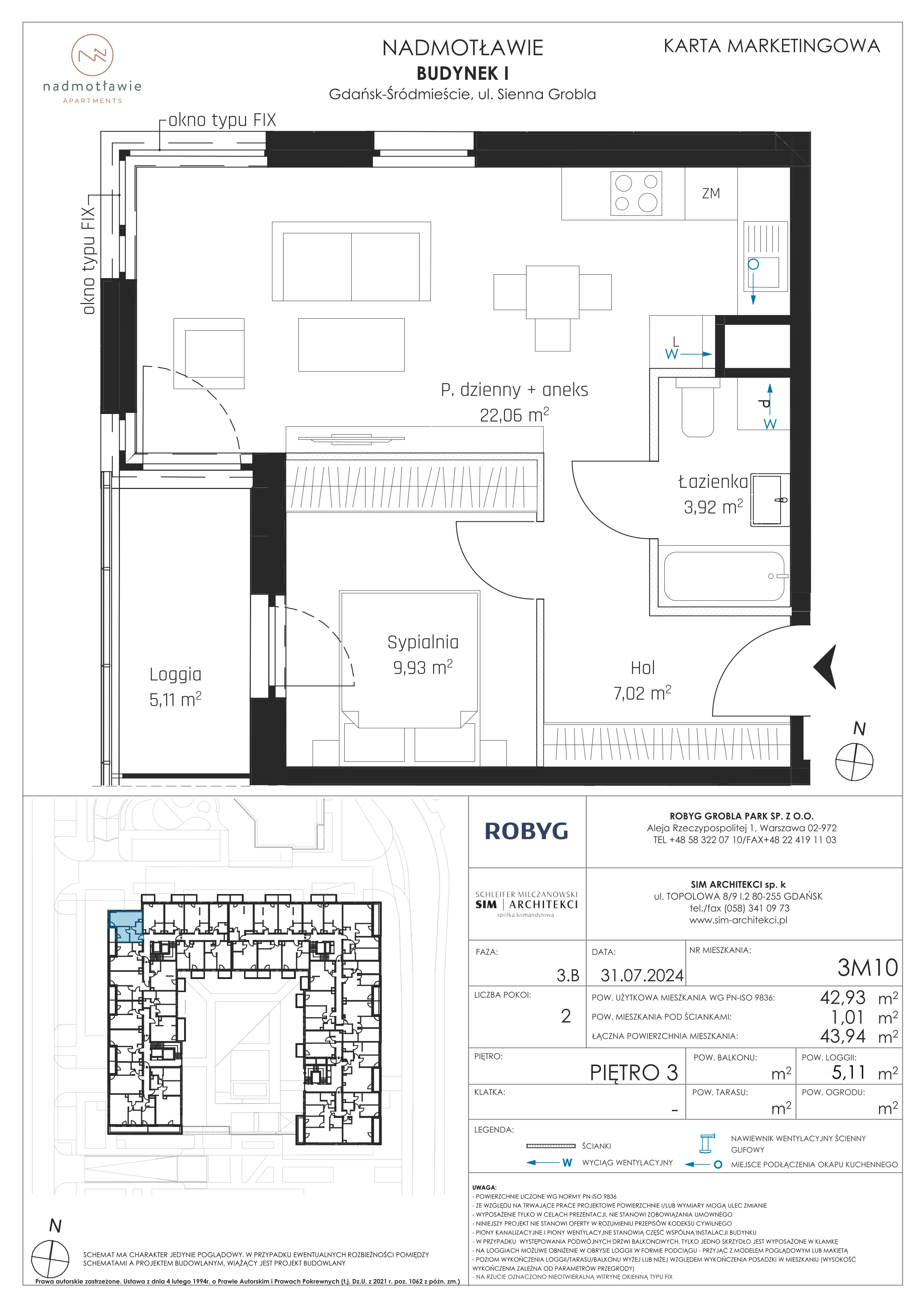2 pokoje, mieszkanie 42,93 m², piętro 3, oferta nr I.3M10, Nadmotławie Apartments Budynek I, Gdańsk, Śródmieście, ul. Sienna Grobla