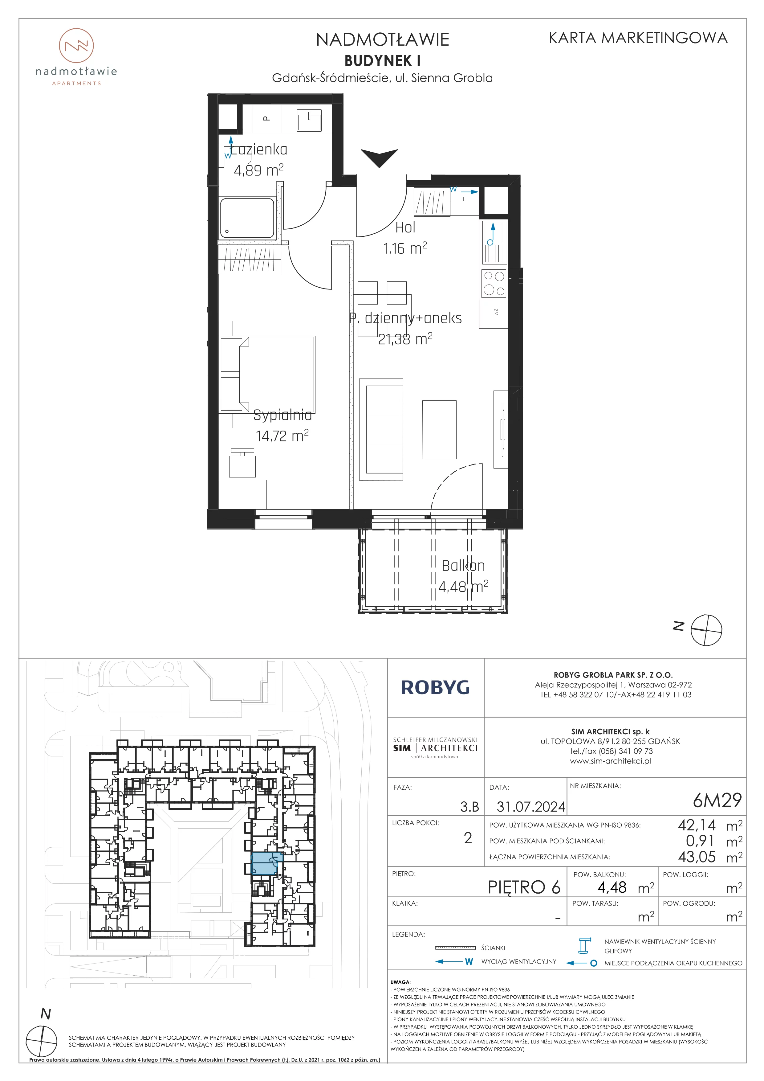 2 pokoje, mieszkanie 42,14 m², piętro 6, oferta nr I.6M29, Nadmotławie Apartments Budynek I, Gdańsk, Śródmieście, ul. Sienna Grobla