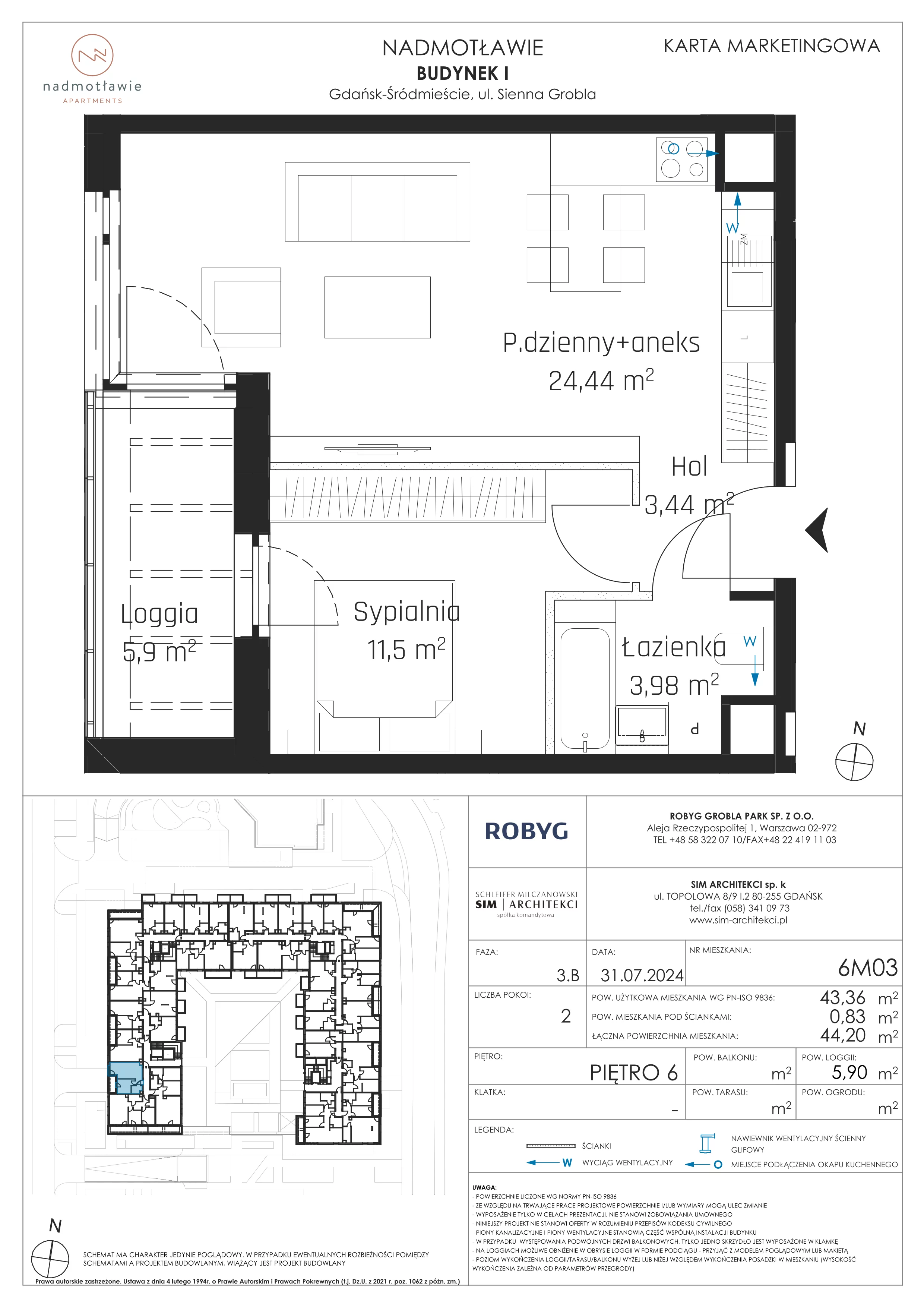 2 pokoje, mieszkanie 43,36 m², piętro 6, oferta nr I.6M03, Nadmotławie Apartments Budynek I, Gdańsk, Śródmieście, ul. Sienna Grobla