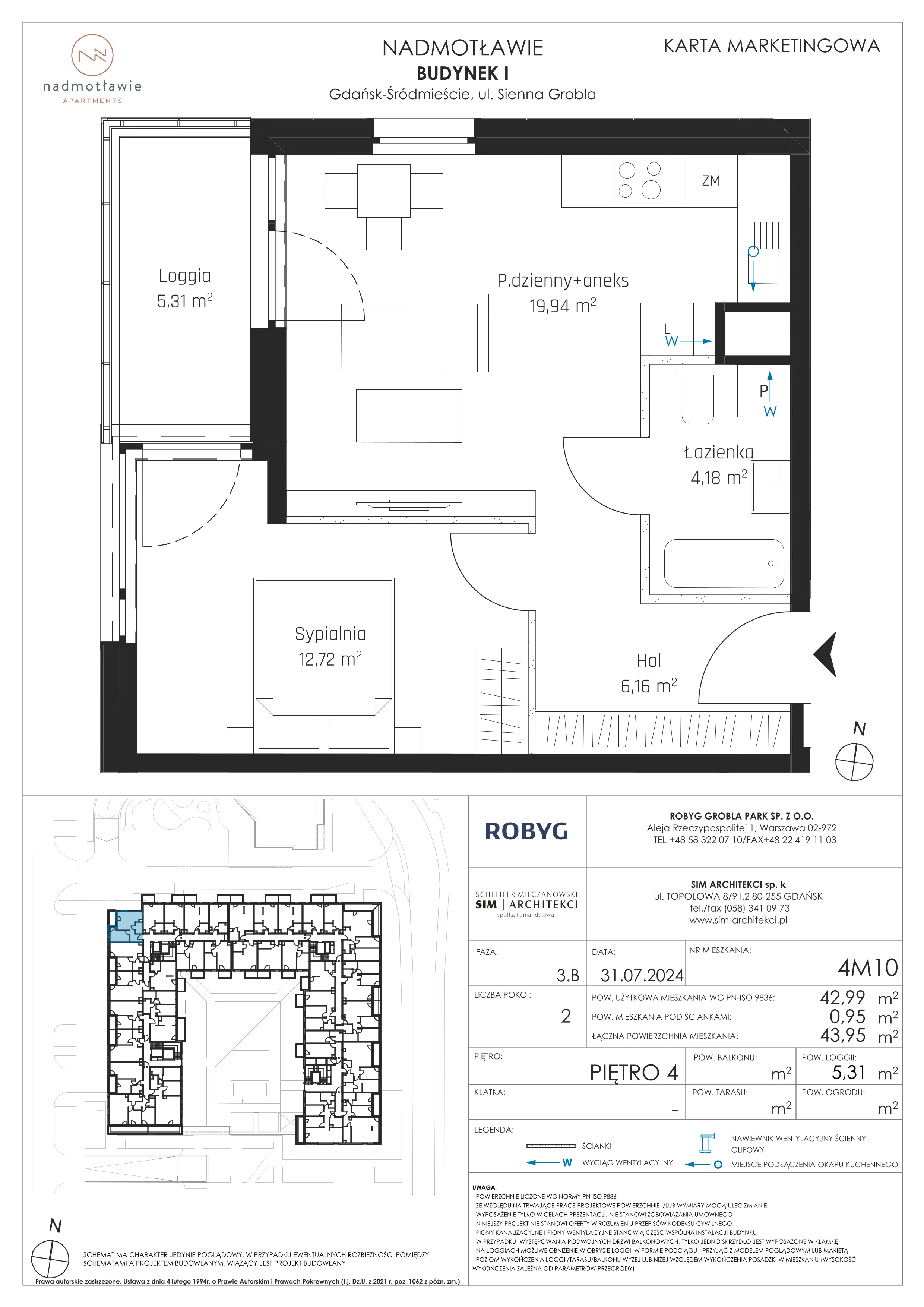 2 pokoje, mieszkanie 42,99 m², piętro 4, oferta nr I.4M10, Nadmotławie Apartments Budynek I, Gdańsk, Śródmieście, ul. Sienna Grobla