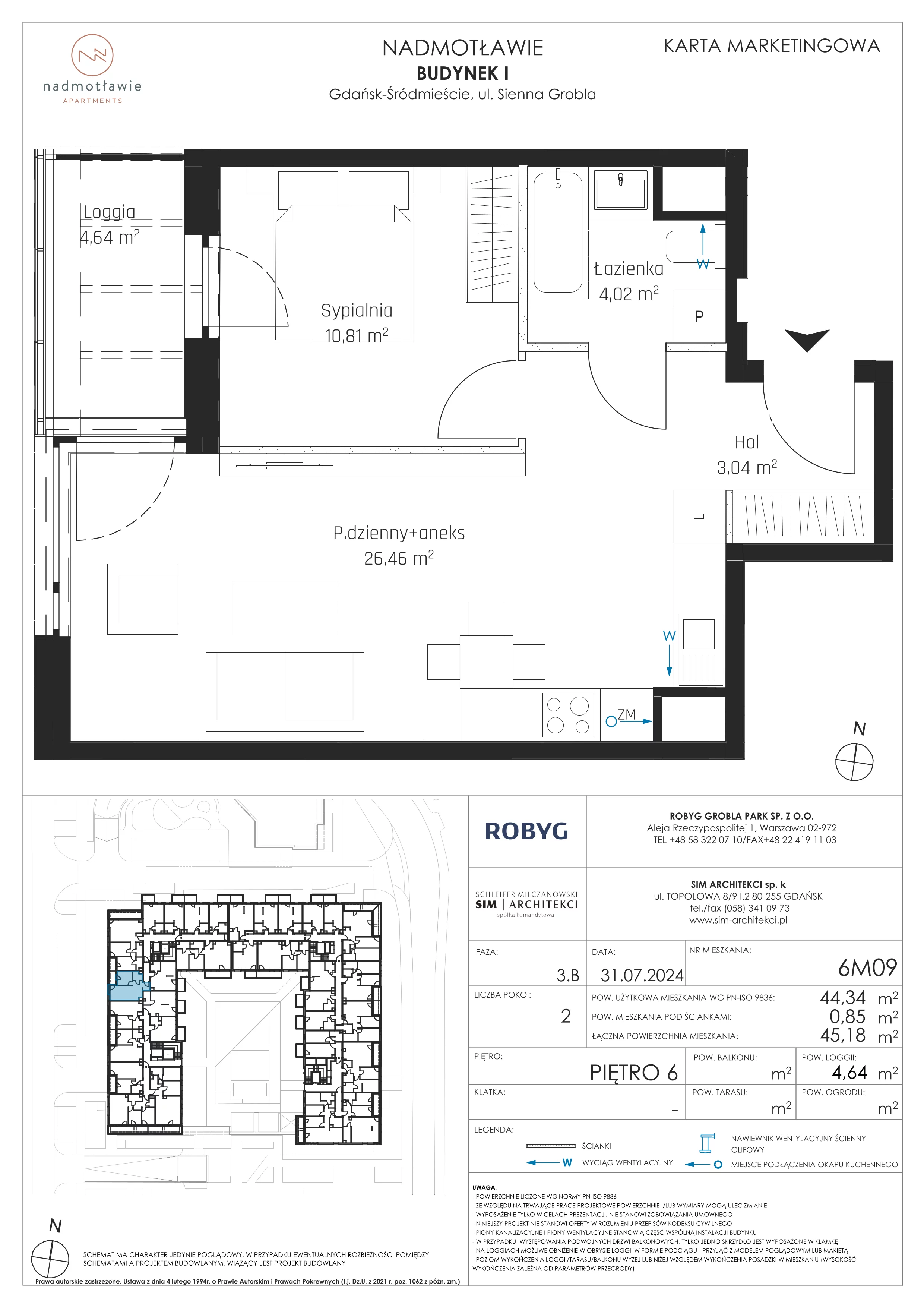 2 pokoje, mieszkanie 44,34 m², piętro 6, oferta nr I.6M09, Nadmotławie Apartments Budynek I, Gdańsk, Śródmieście, ul. Sienna Grobla