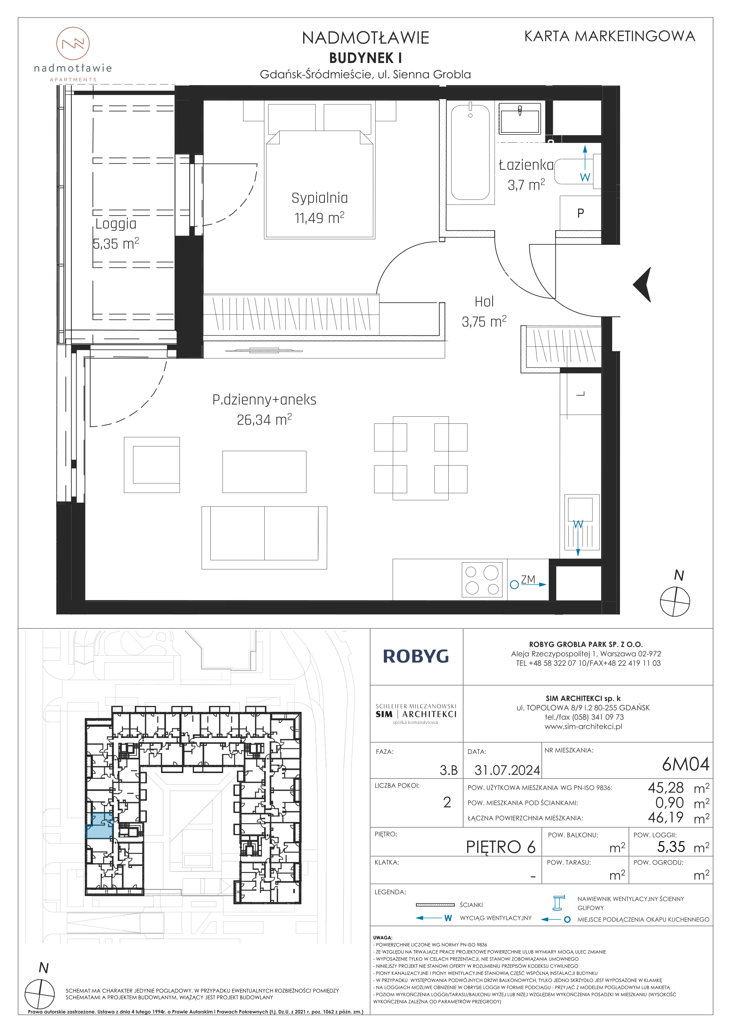 2 pokoje, mieszkanie 45,28 m², piętro 6, oferta nr I.6M04, Nadmotławie Apartments Budynek I, Gdańsk, Śródmieście, ul. Sienna Grobla