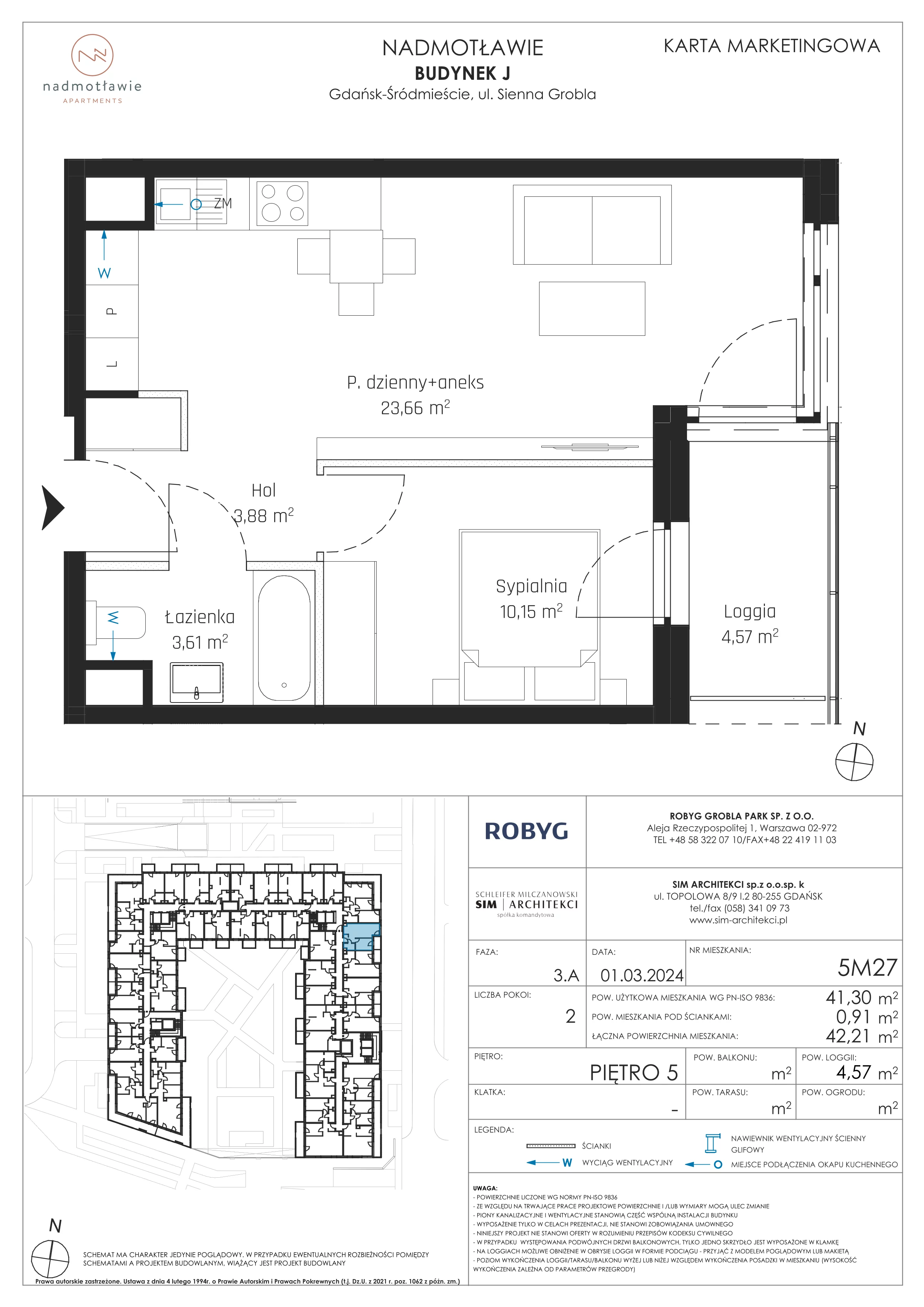 2 pokoje, mieszkanie 41,30 m², piętro 5, oferta nr J.5M27, Nadmotławie Apartments Budynek J, Gdańsk, Śródmieście, ul. Sienna Grobla