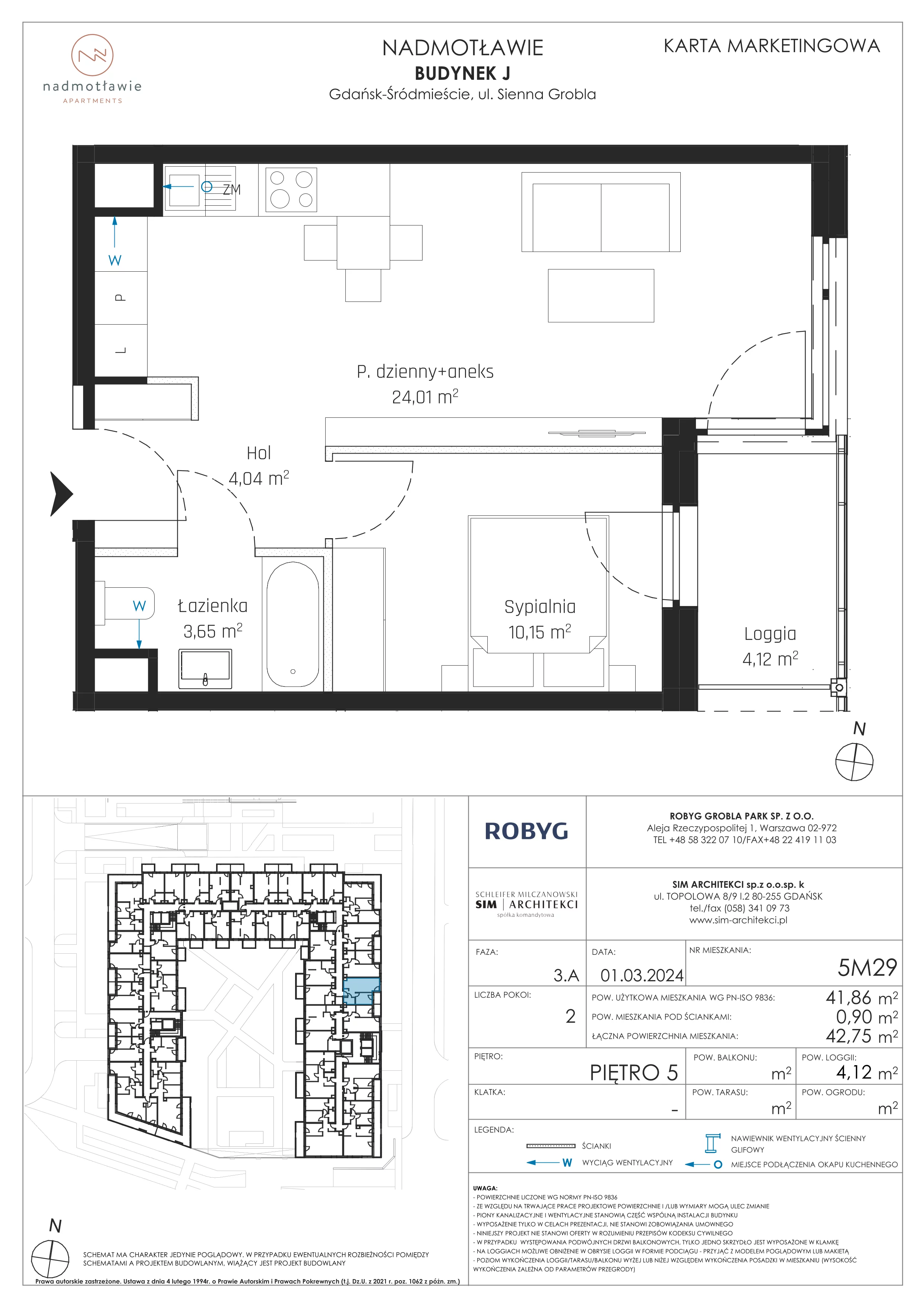2 pokoje, mieszkanie 41,86 m², piętro 5, oferta nr J.5M29, Nadmotławie Apartments Budynek J, Gdańsk, Śródmieście, ul. Sienna Grobla