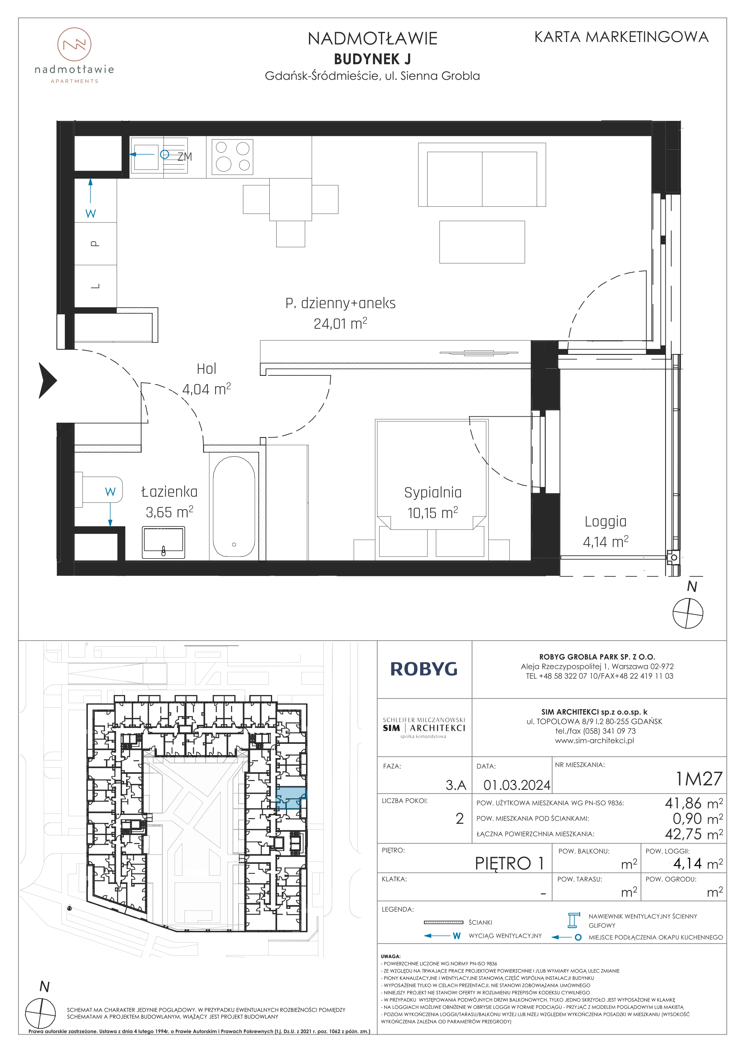 2 pokoje, mieszkanie 41,86 m², piętro 1, oferta nr J.1M27, Nadmotławie Apartments, Gdańsk, Śródmieście, ul. Sienna Grobla