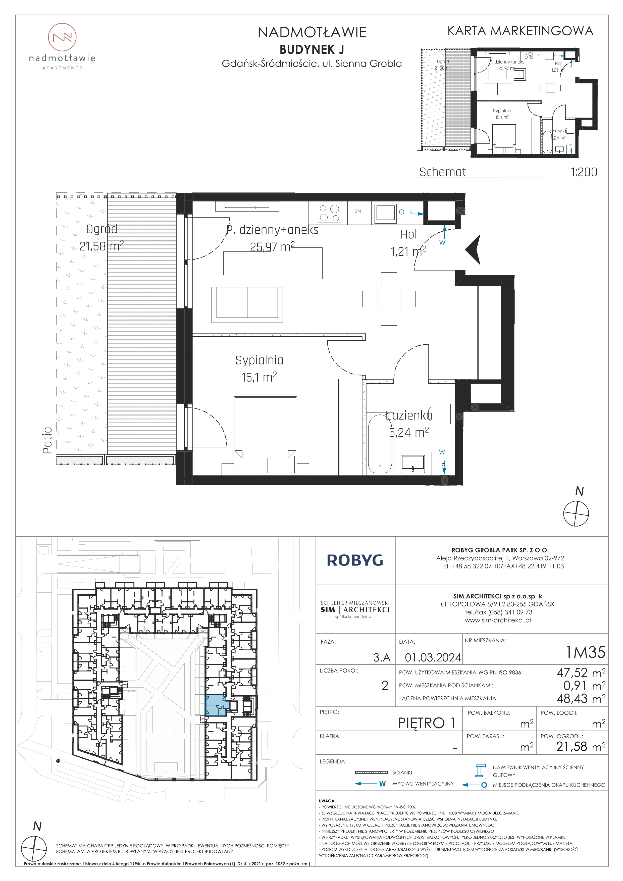 2 pokoje, mieszkanie 47,52 m², piętro 1, oferta nr J.1M35, Nadmotławie Apartments, Gdańsk, Śródmieście, ul. Sienna Grobla