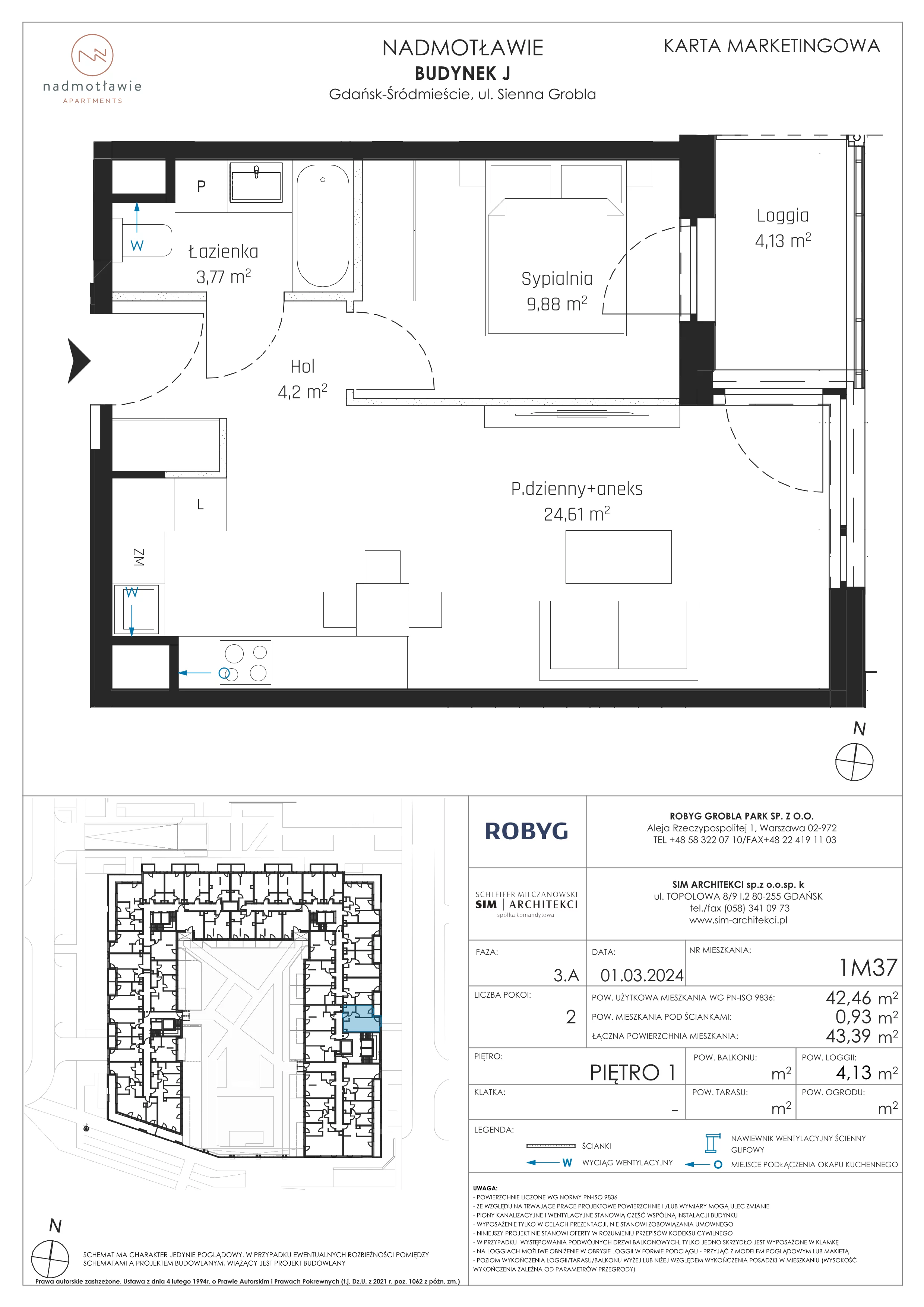 2 pokoje, mieszkanie 42,46 m², piętro 1, oferta nr J.1M37, Nadmotławie Apartments, Gdańsk, Śródmieście, ul. Sienna Grobla