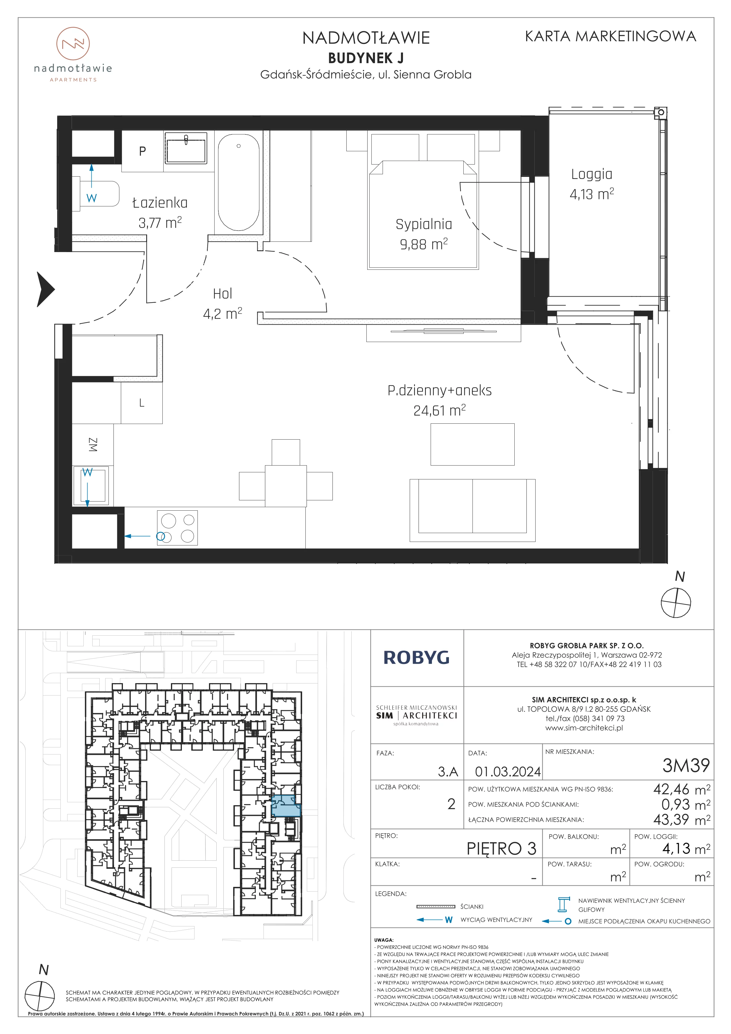 2 pokoje, mieszkanie 42,46 m², piętro 3, oferta nr J.3M39, Nadmotławie Apartments, Gdańsk, Śródmieście, ul. Sienna Grobla