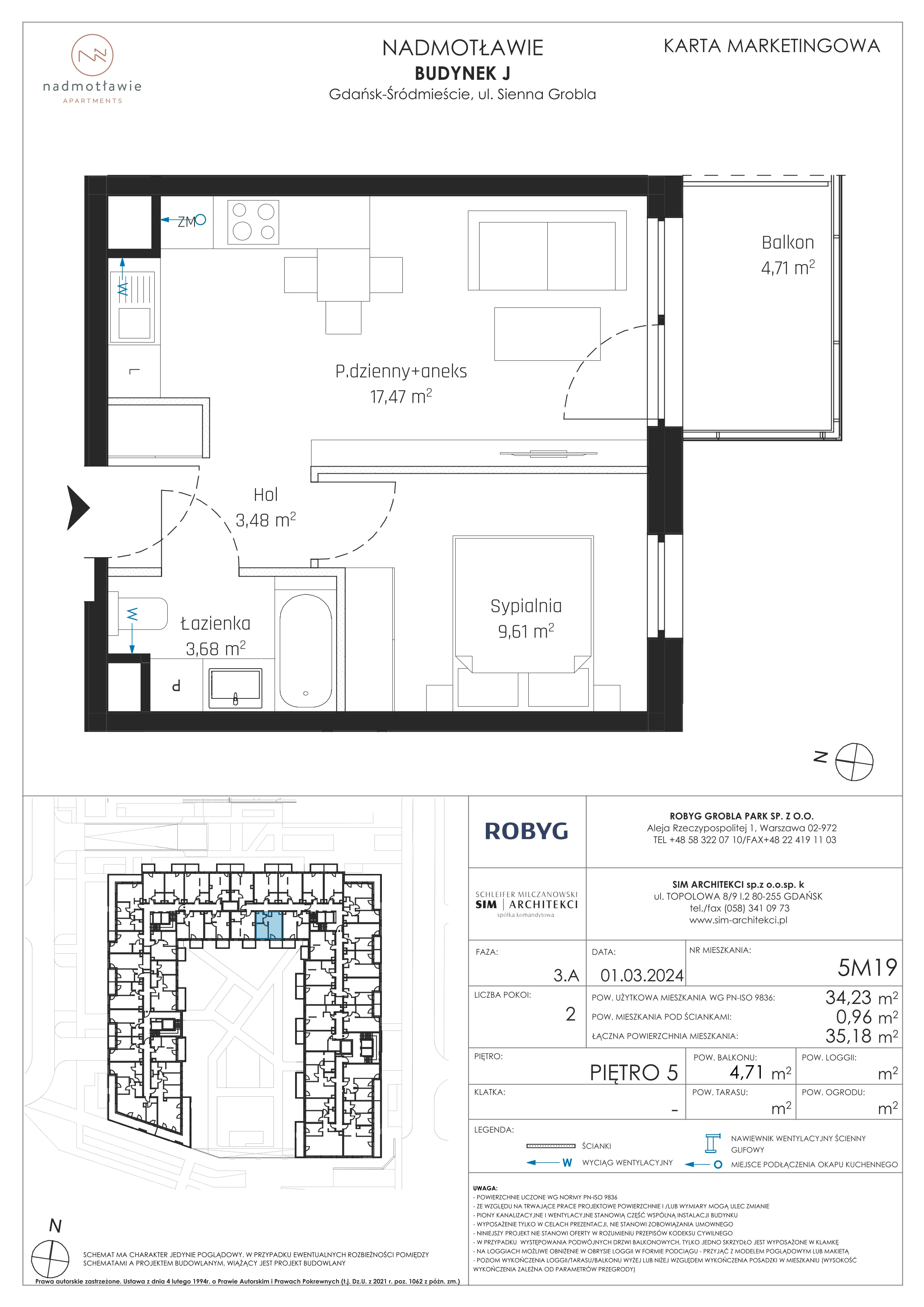 2 pokoje, mieszkanie 34,23 m², piętro 5, oferta nr J.5M19, Nadmotławie Apartments, Gdańsk, Śródmieście, ul. Sienna Grobla