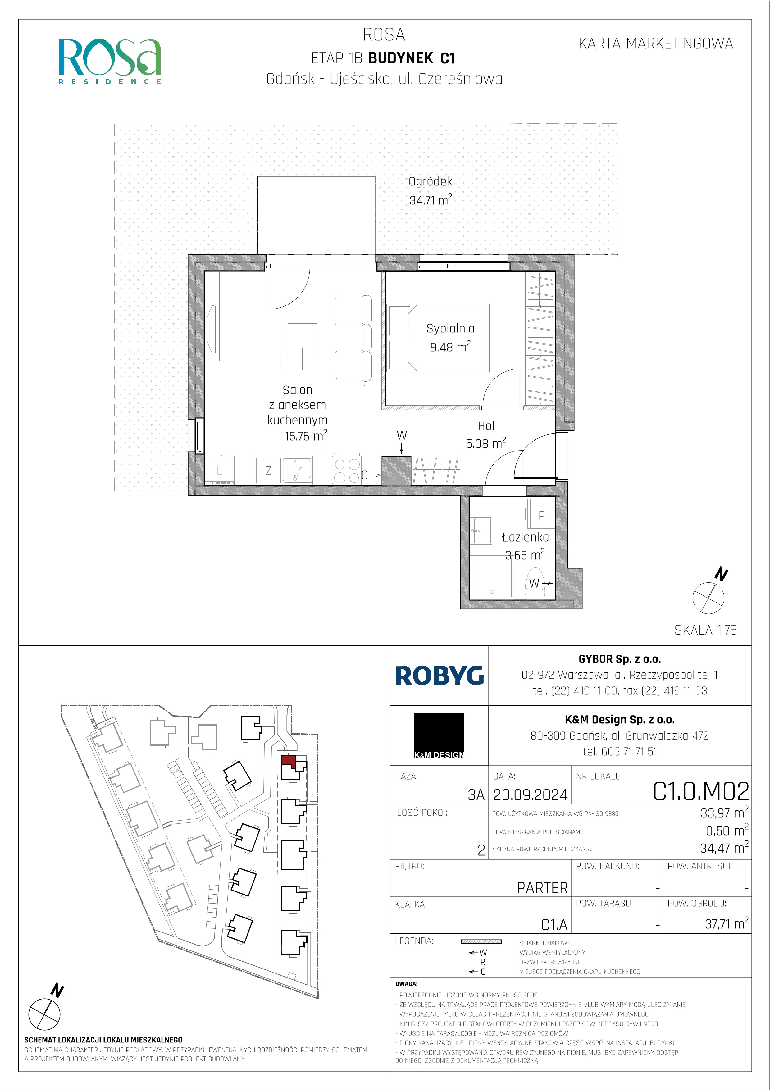 2 pokoje, mieszkanie 33,97 m², parter, oferta nr C1.0M02, ROSA Residence, Gdańsk, Ujeścisko-Łostowice, Ujeścisko, ul. Śliwkowa