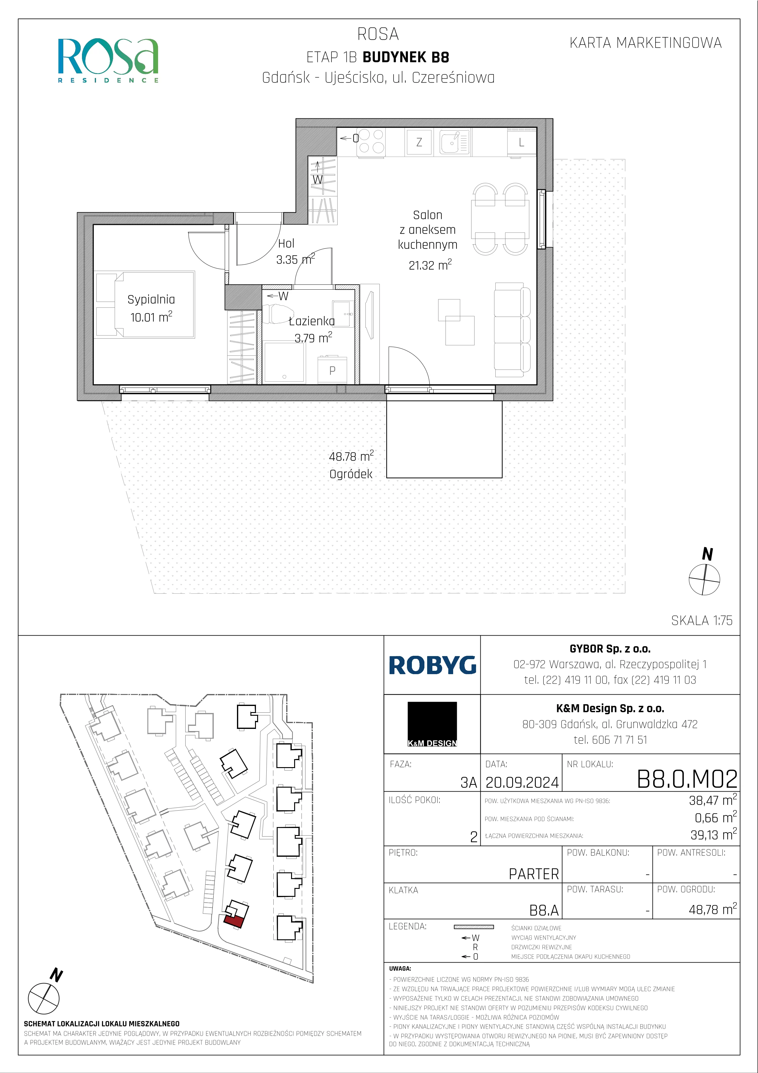 2 pokoje, mieszkanie 38,47 m², parter, oferta nr B8.0M02, ROSA Residence, Gdańsk, Ujeścisko-Łostowice, Ujeścisko, ul. Śliwkowa