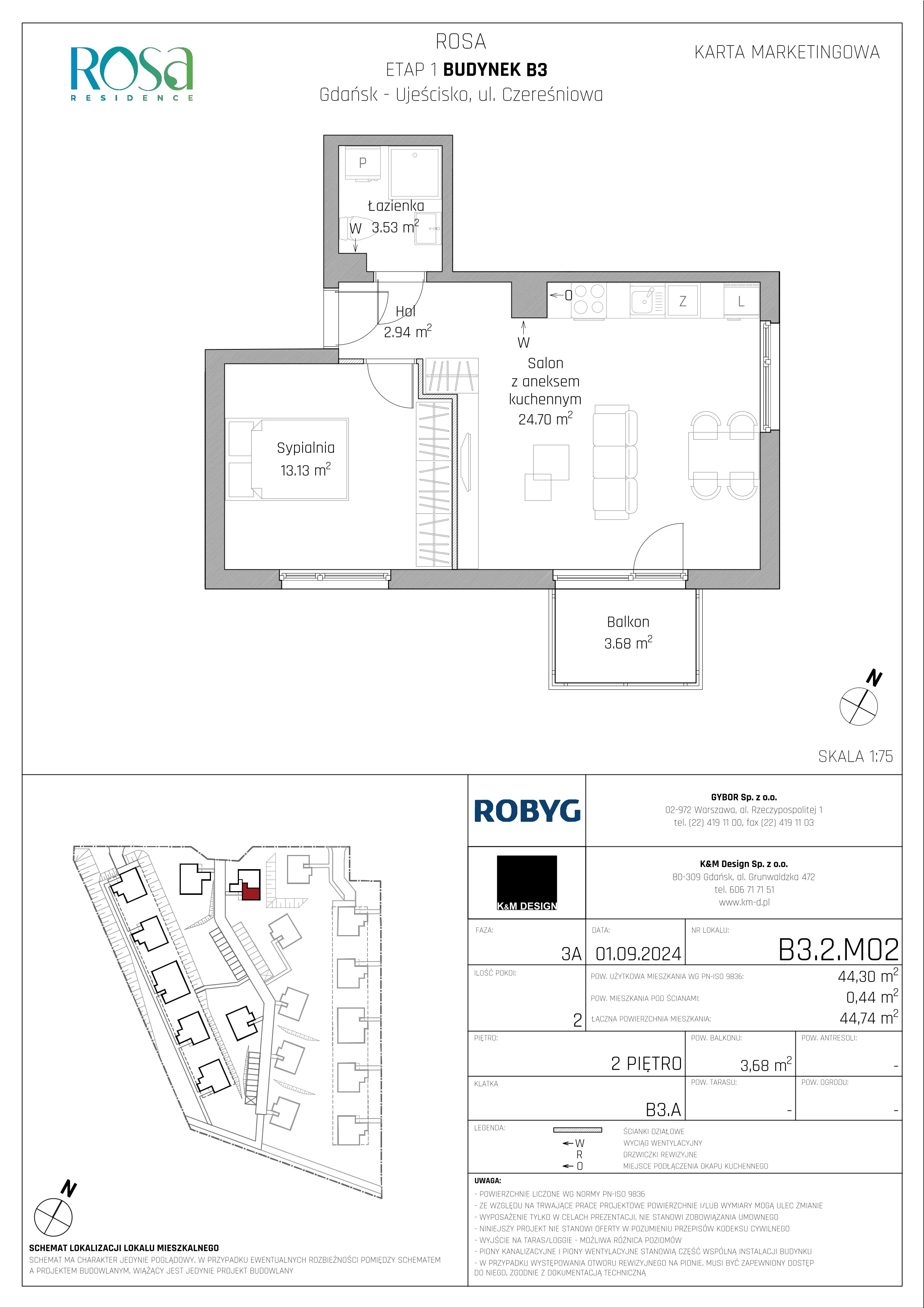 2 pokoje, mieszkanie 44,30 m², piętro 2, oferta nr B3.2M02, ROSA Residence, Gdańsk, Ujeścisko-Łostowice, Ujeścisko, ul. Śliwkowa