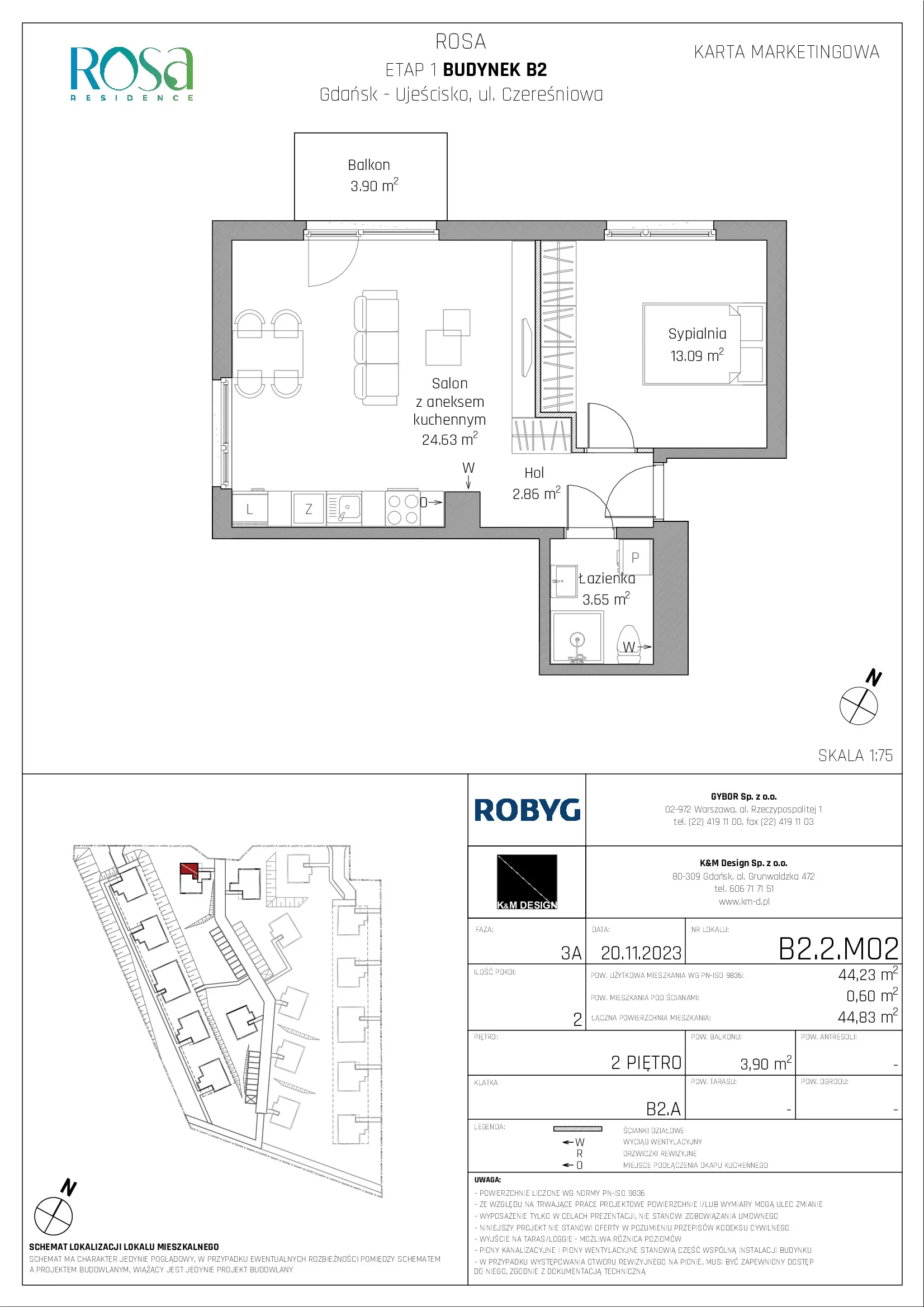 Mieszkanie 44,23 m², piętro 2, oferta nr B2.2M02, ROSA Residence, Gdańsk, Ujeścisko-Łostowice, Ujeścisko, ul. Śliwkowa